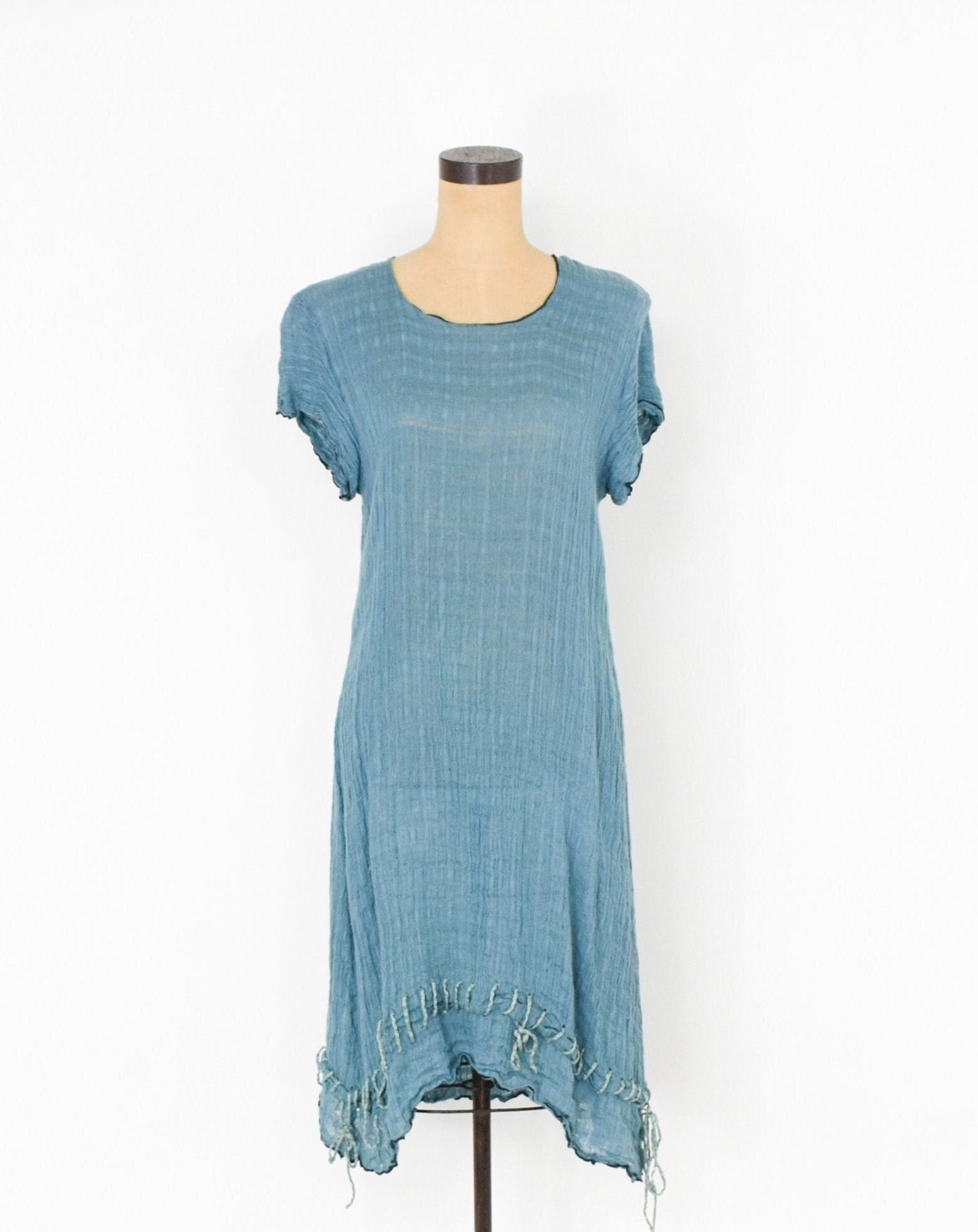 1990s Cynthia Ashby Turquoise Blue Linen Dress, Medium