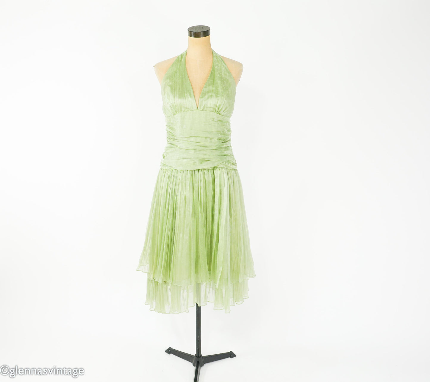 1990s Green Halter Evening Gown Dress, Medium