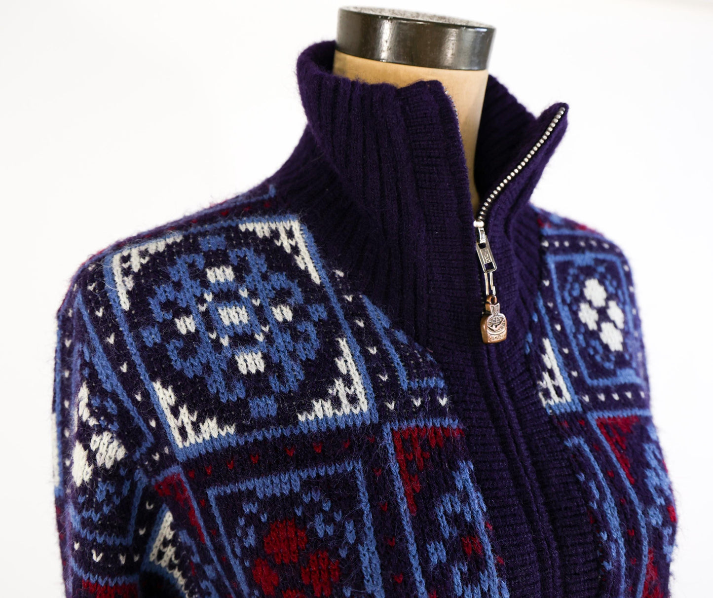 1960s Jantzen Nordic Cardigan Sweater Jacket, Blue & White Knit, Large