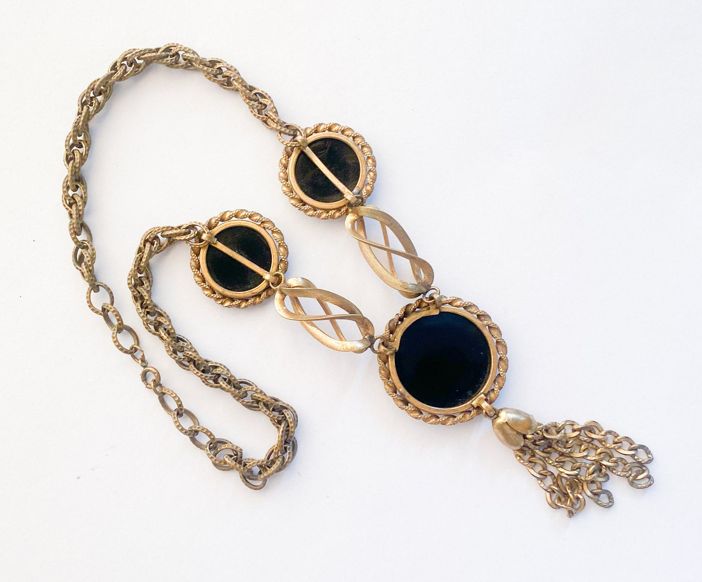 1940s Brass & Glass Pendant Necklace, Gold Black Necklace