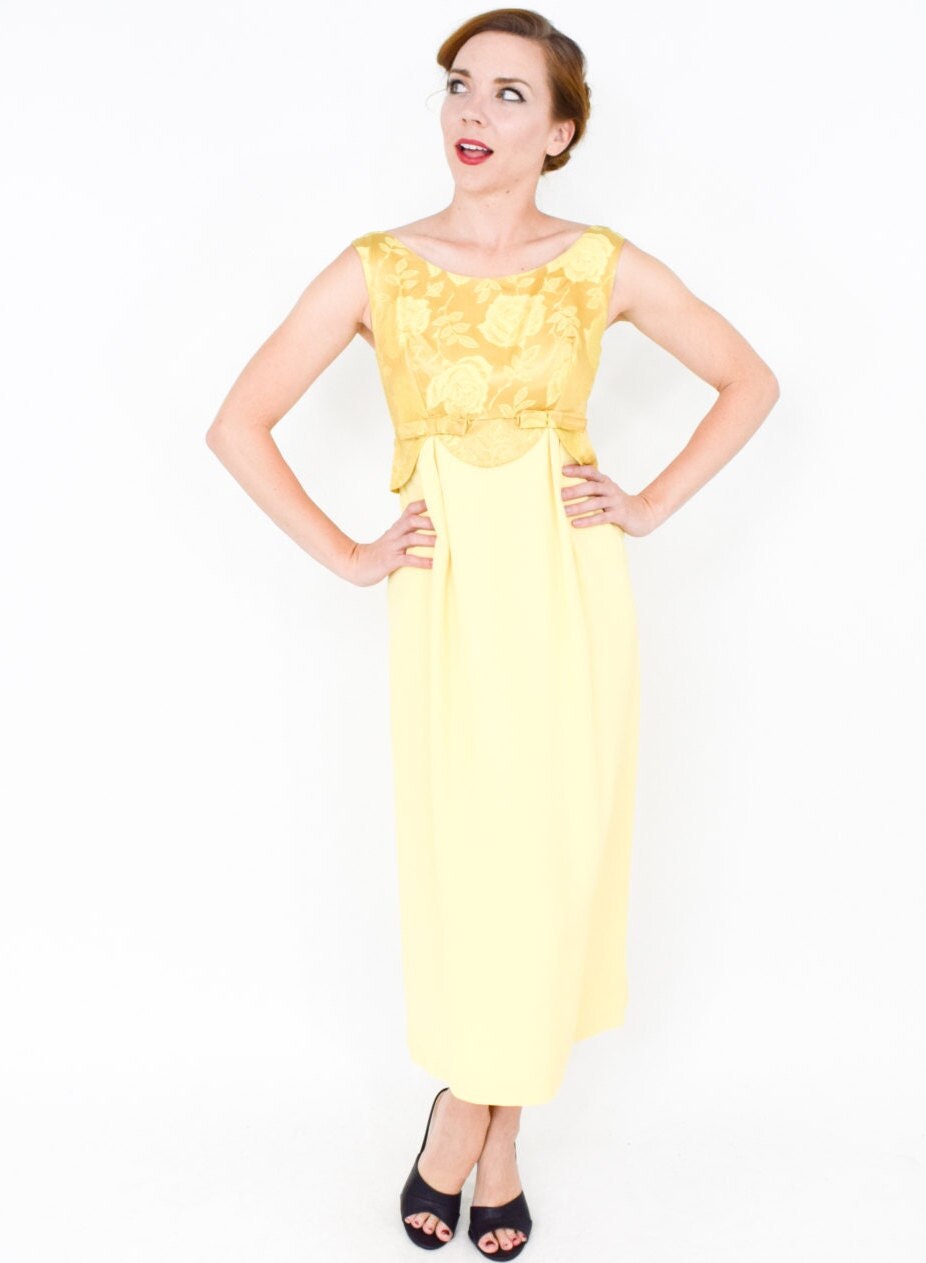 1950s Yellow Crepe Evening Dress | 50s Lemon Yellow & Brocade Party Dress | Small