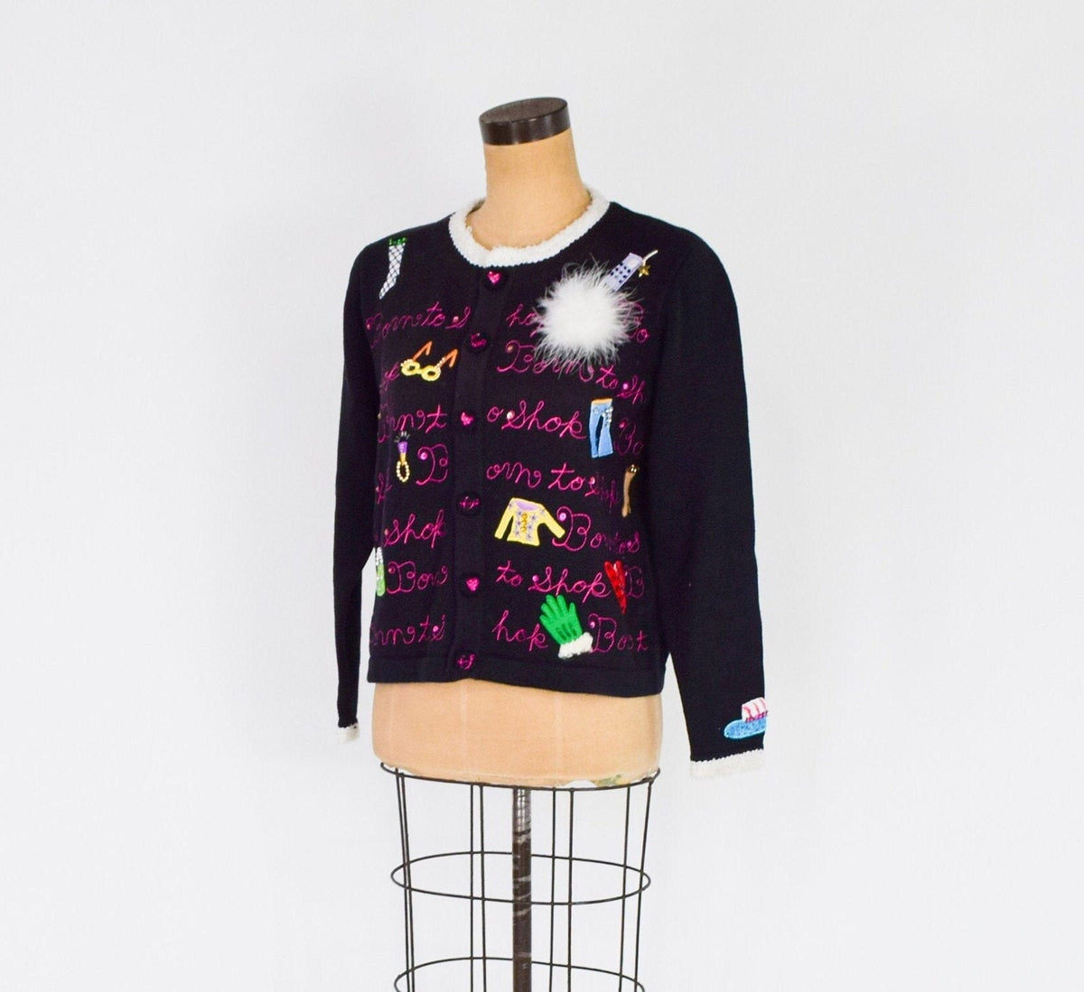 BEREK 1980s Black Cotton Knit Cardigan, Large