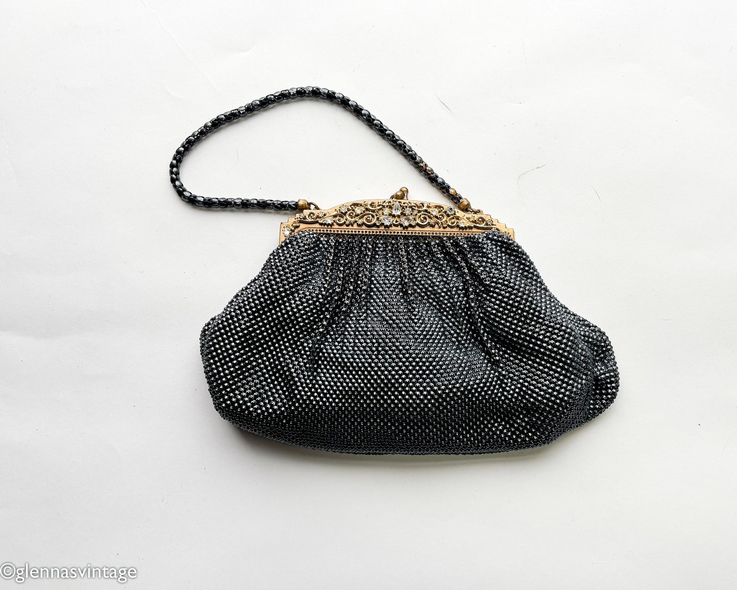 1930s Whiting & Davis Black Mesh Handbag | Rhinestone Evening Bag