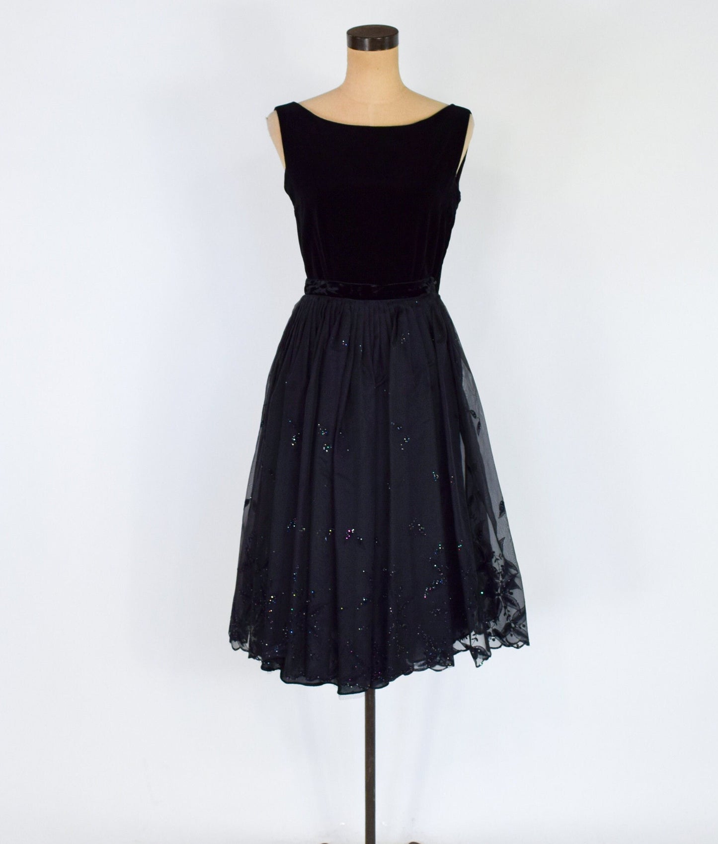 1950s Black Glitter Evening Skirt Set | 50s Black Organza Full Skirt & Velvet Top | Small