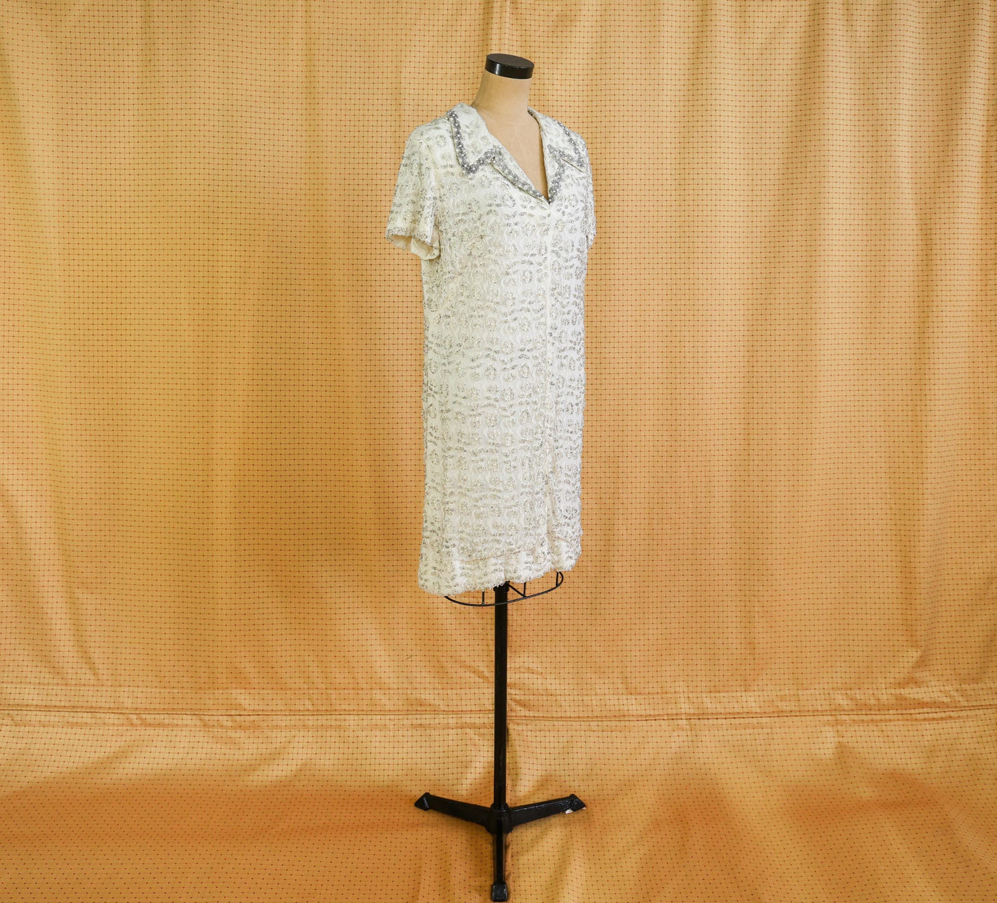 1960s White Silver Beaded Shift Dress, Short Wedding Dress, Extra Large