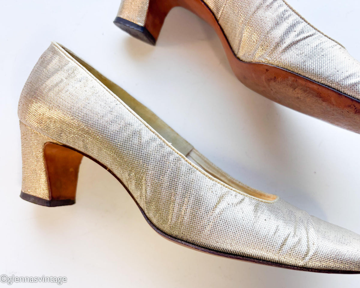 1960s Gold Lamé Evening Heels Pumps US 7