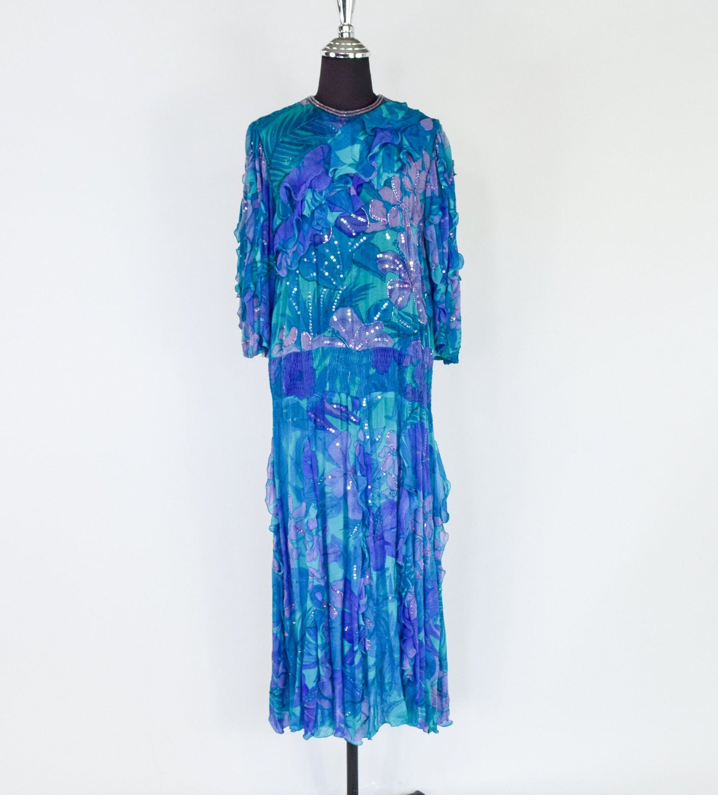 1980s Blue Silk Chiffon Ruffled Party Dress | 80s Blue Beaded Chiffon Dress | Judith Ann Creations | Medium