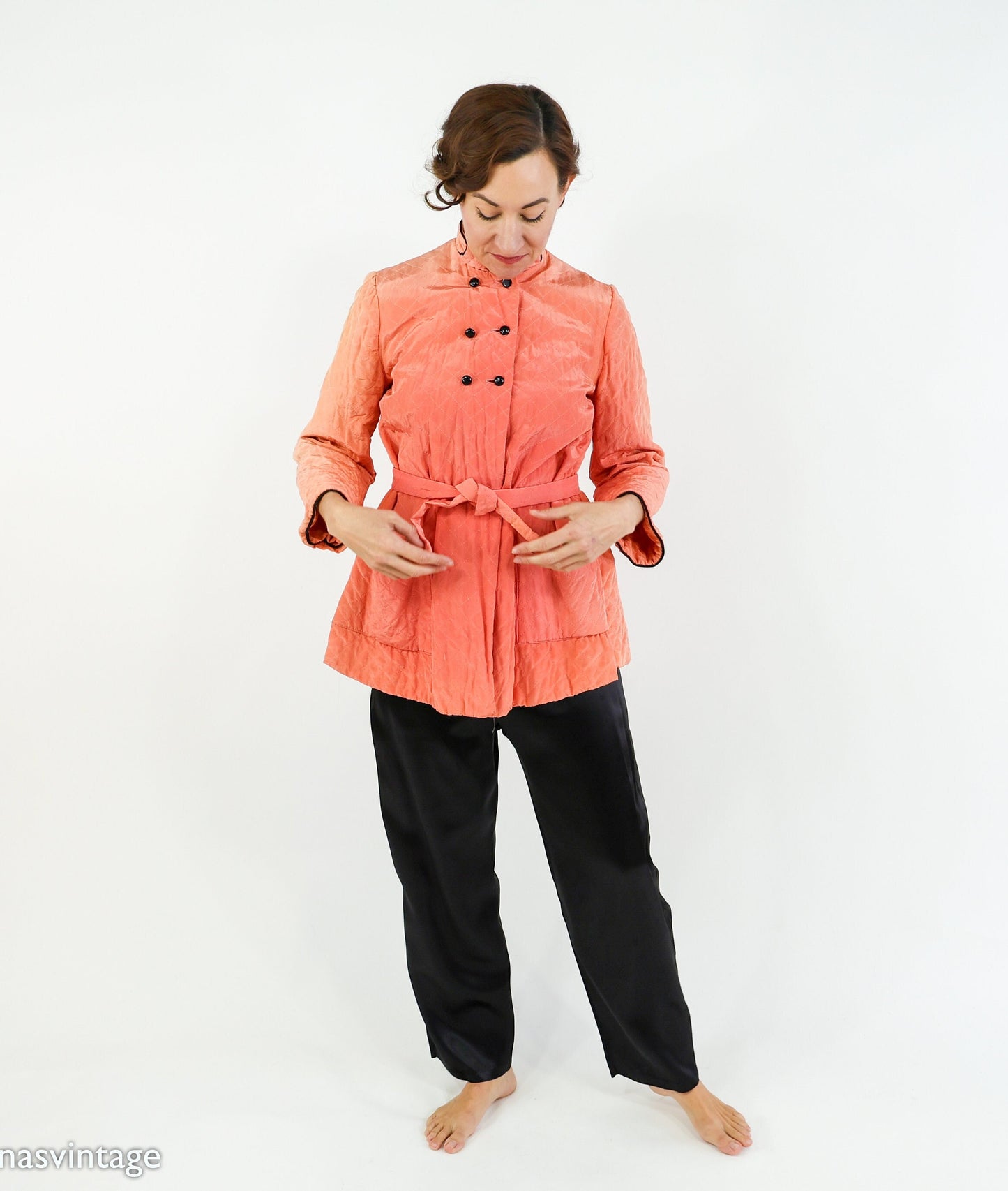 1940s Coral Quilted Pajamas Set, Peach Robe & Slacks, Medium