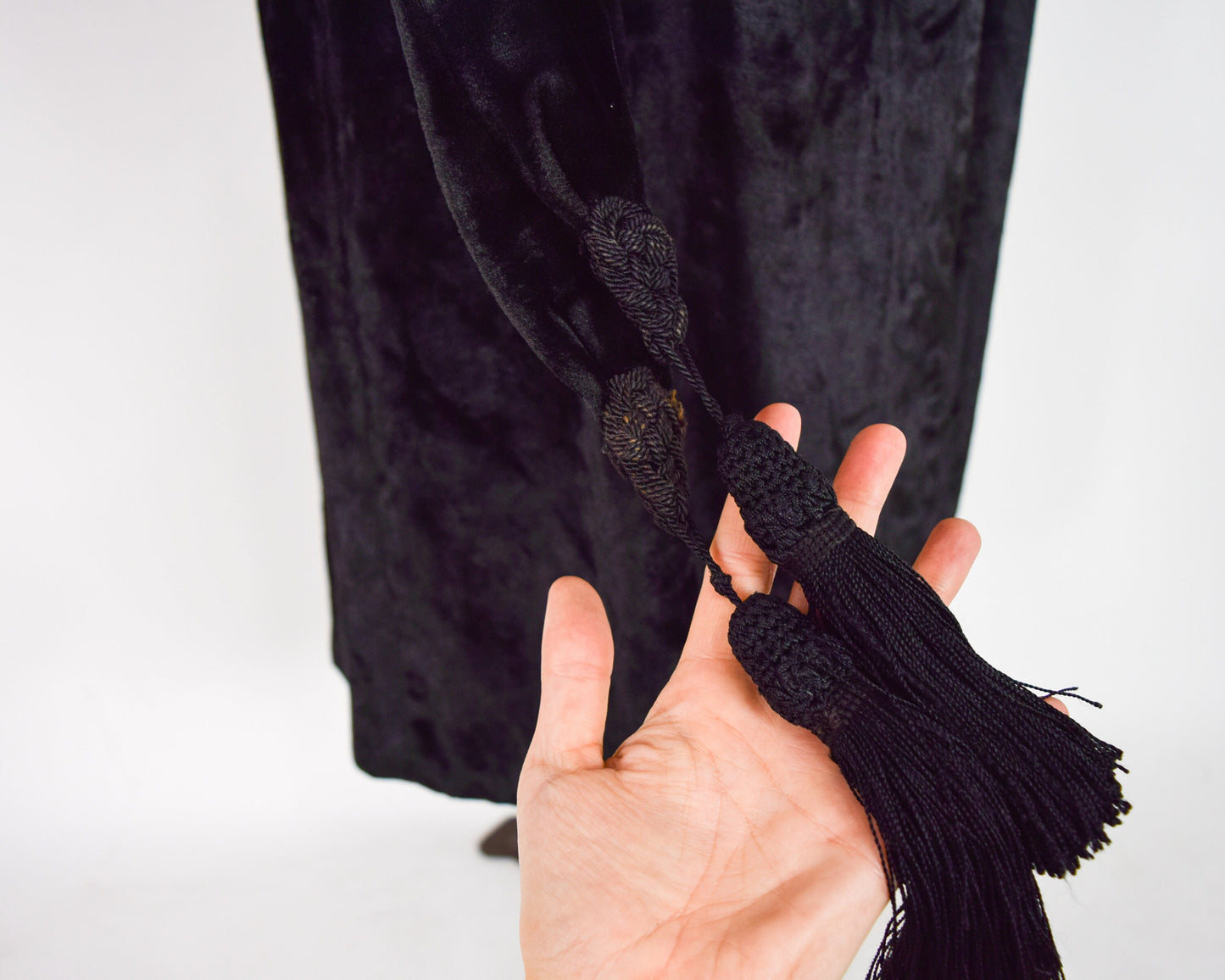 1900s Black Cotton Velvet Downton Abbey Coat with Portrait Collar, Large