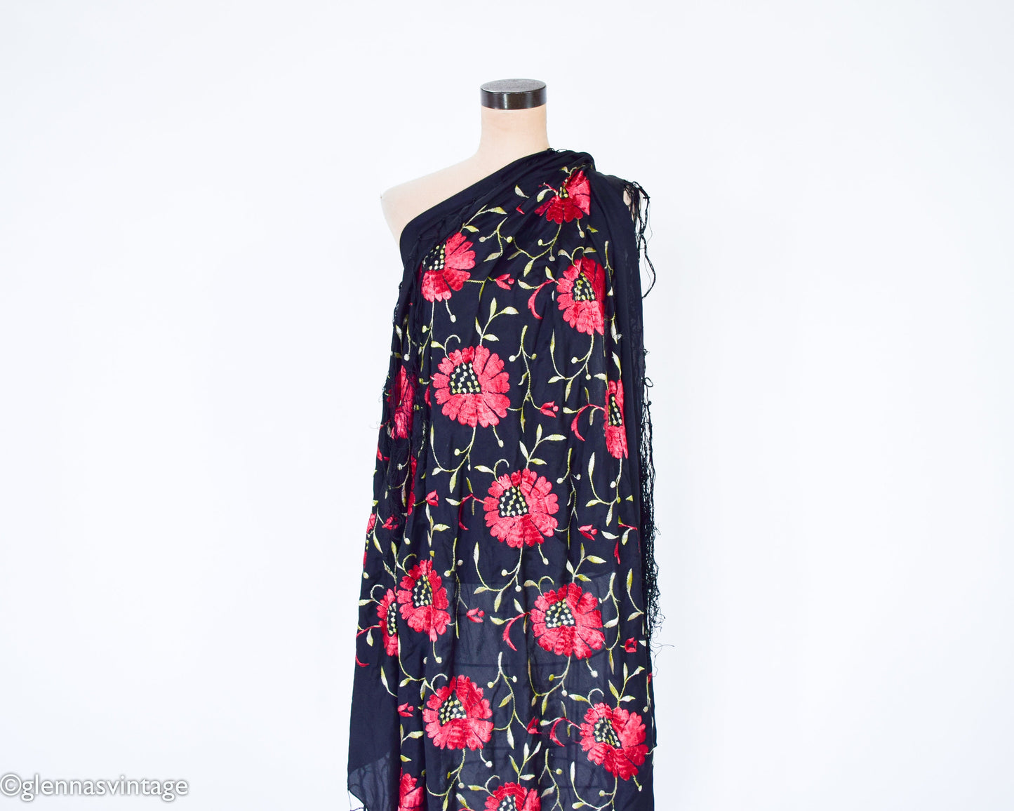 1910s Black & Red Embroidered Silk Piano Shawl Scarf