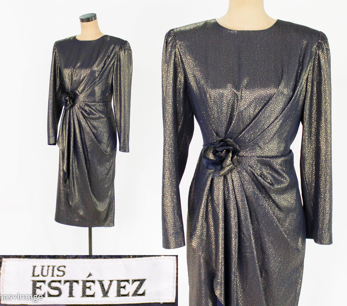 1980s Estevez Black & Gold Evening Dress, Medium