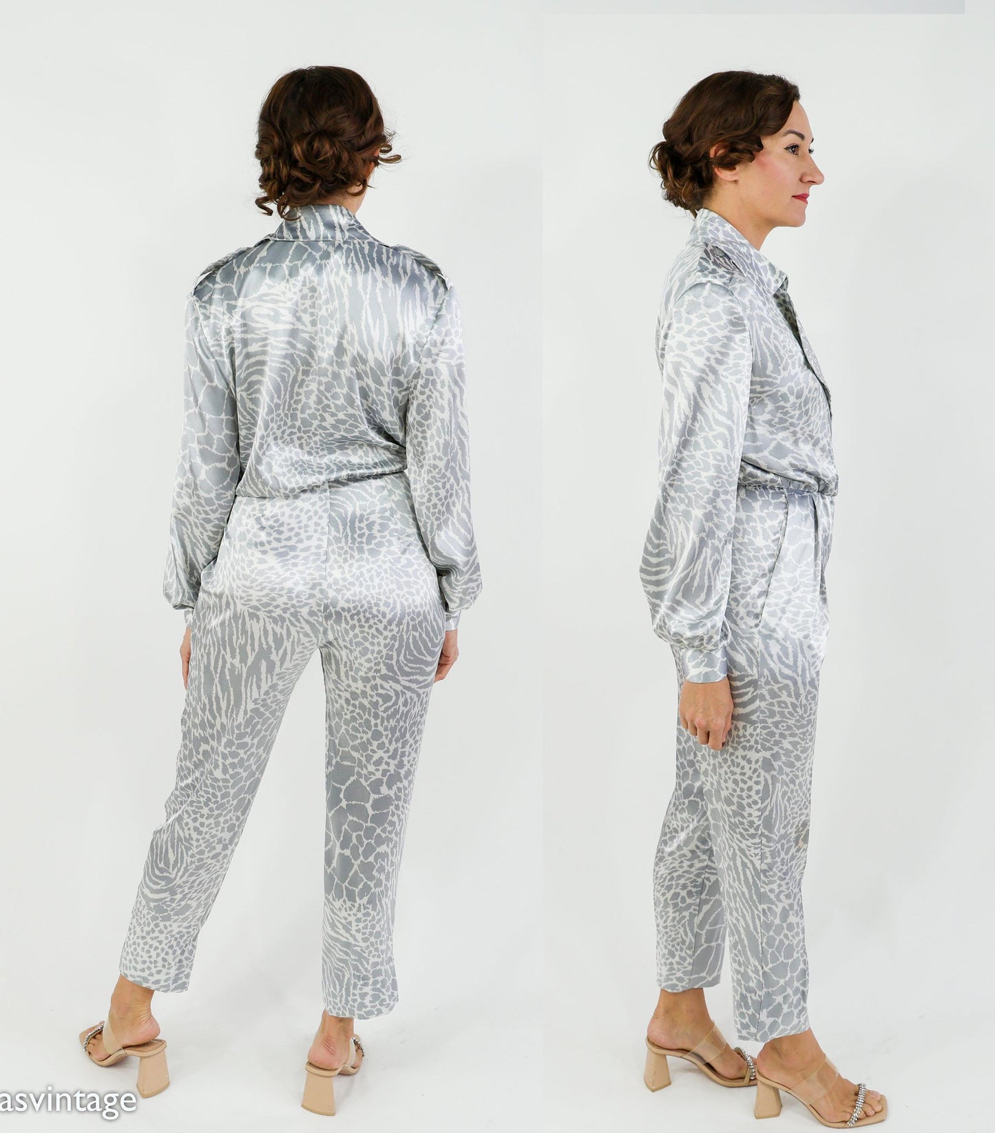 1980s Giraffe Silver Print Jumpsuit | 80s Silver Jumpsuit | Caron | Medium