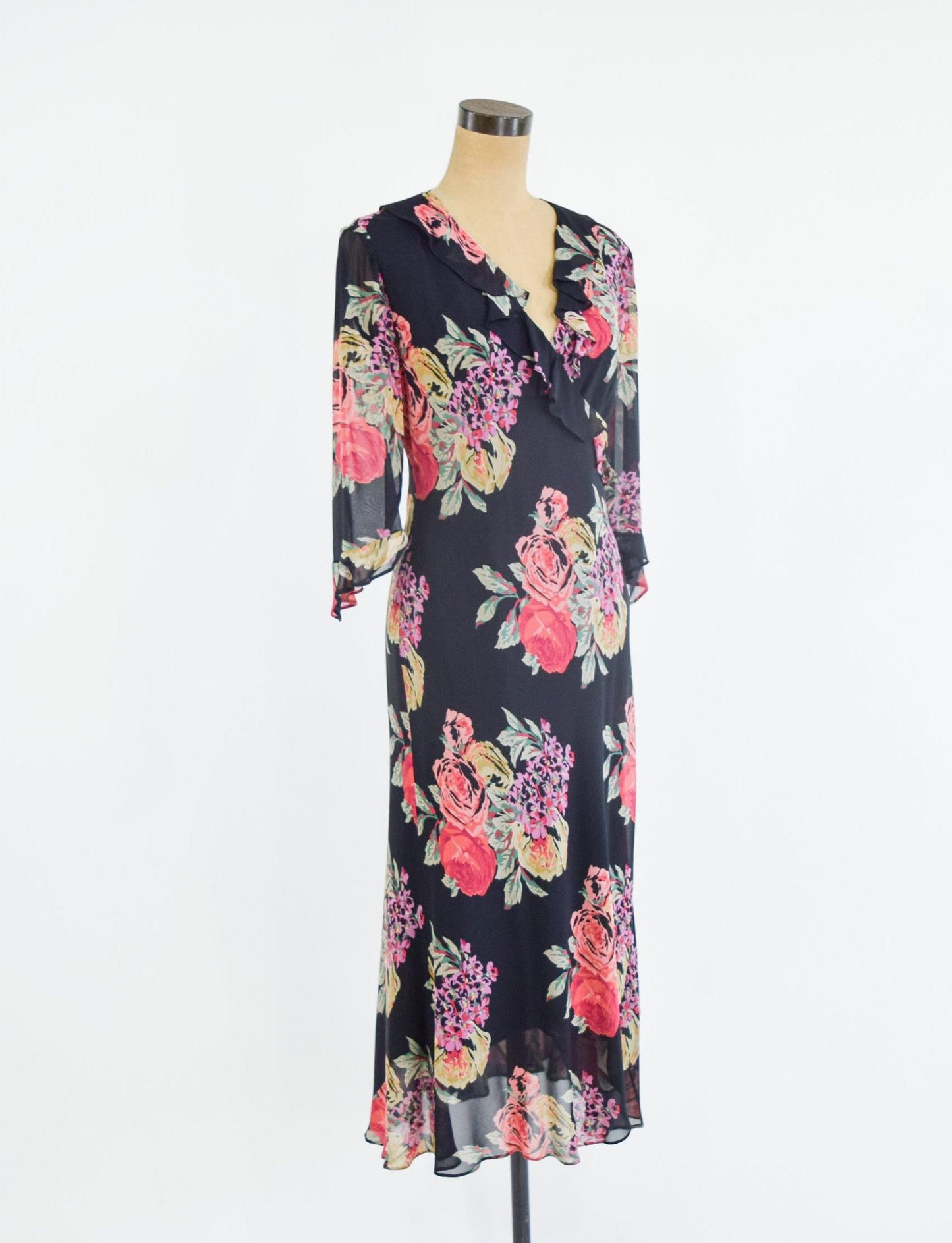 2000s Black Floral Wrap Dress, Ralph Lauren Size 8