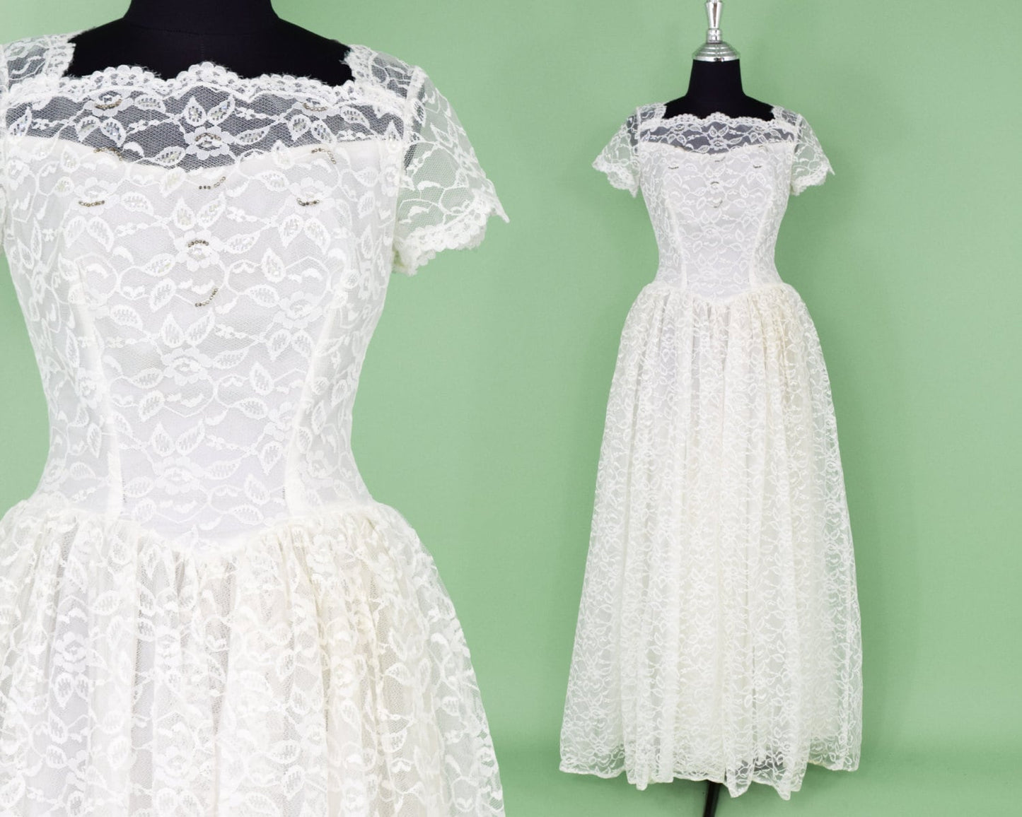 1950s White Lace Wedding Gown in Tulle & Taffeta, Extra Small