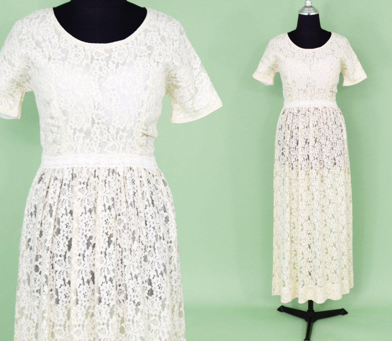 1960s Ivory Lace Long Wedding Dress