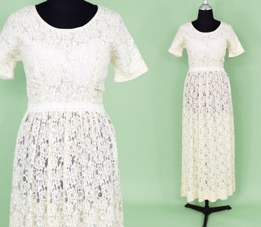 1960s Ivory Lace Long Wedding Dress