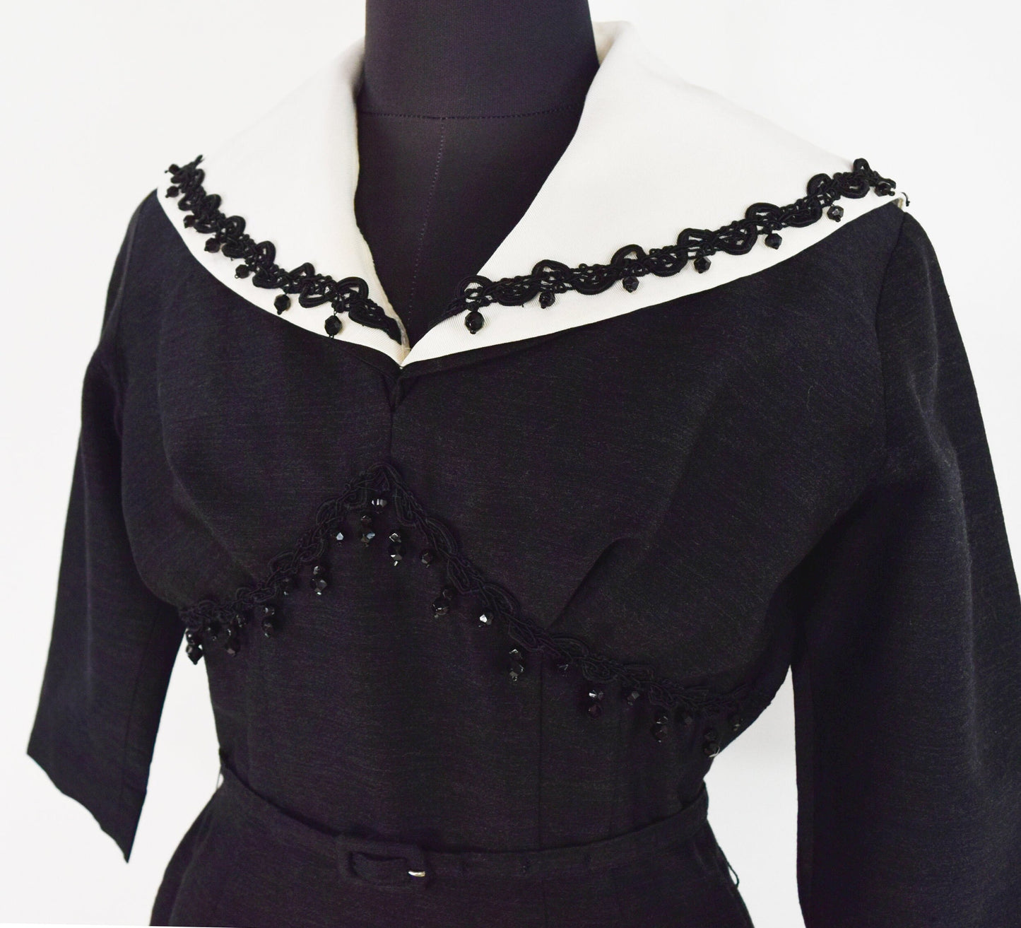 1940s Charcoal Gray Wool Dress with Collar | 40s Black Secretary Dress | White Removable Collar | Day to Night Dress | Chumley | Medium
