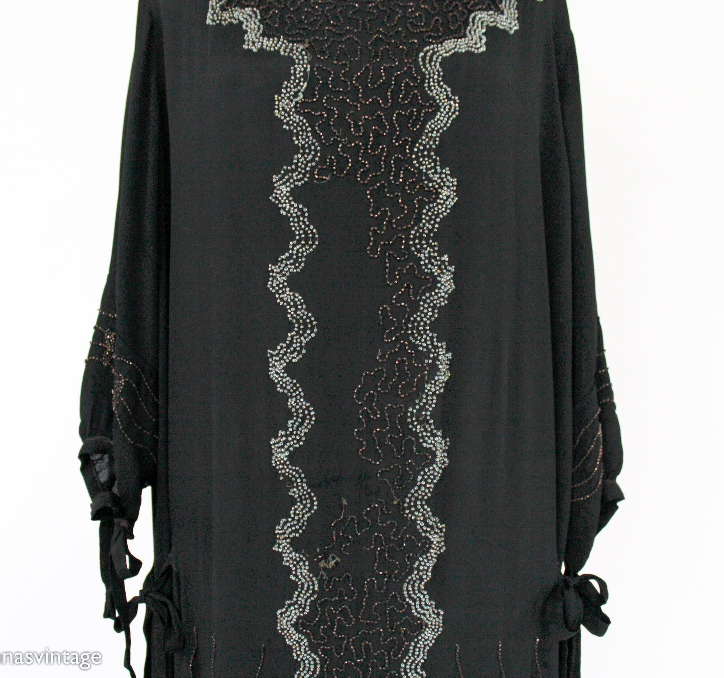 1920s Plus Size Beaded Black Silk Dress, Extra Large