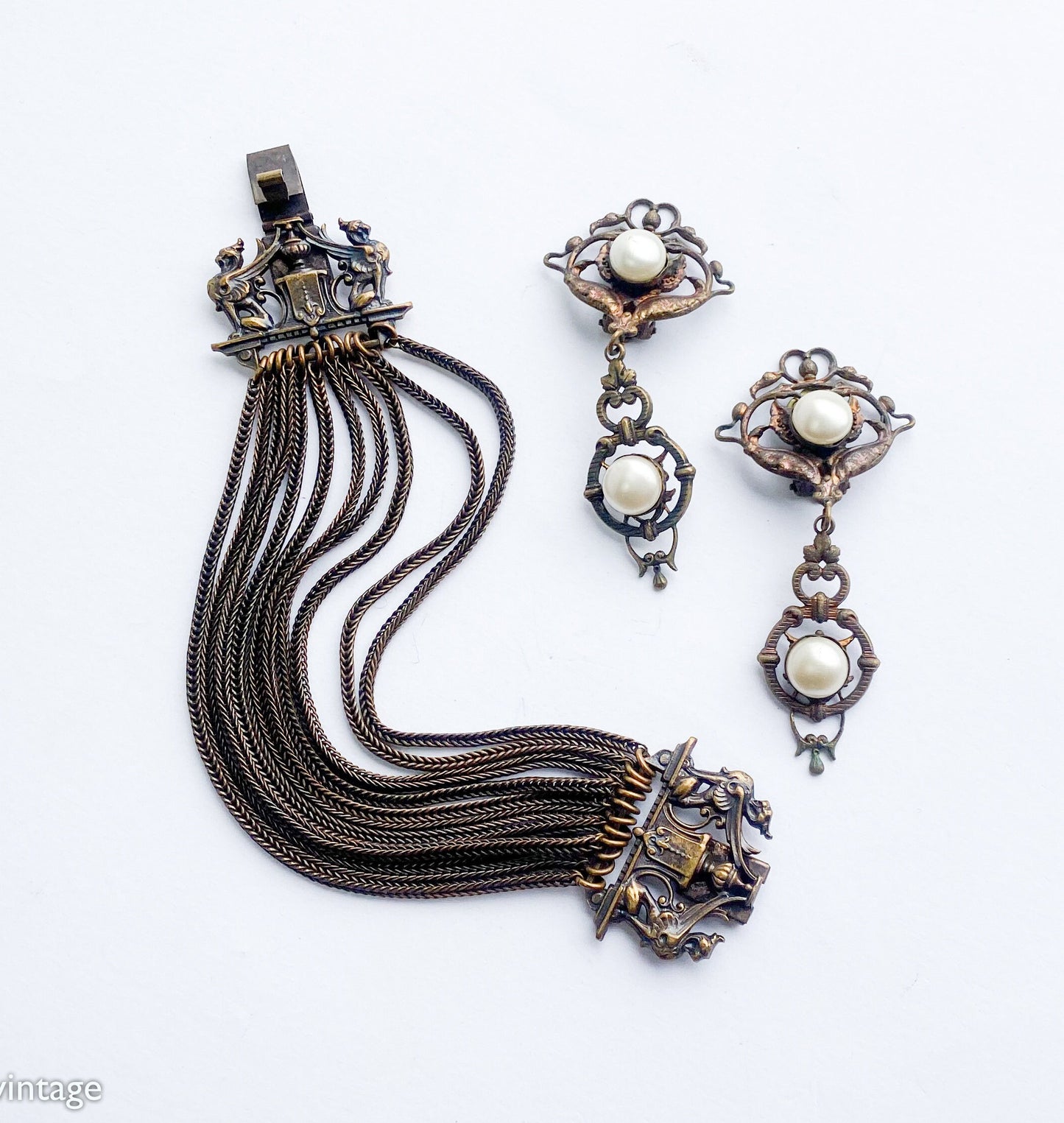 1930s Bronze Chain Bracelet & Pearl Clip Earrings, Art Nouveau Jewelry Set