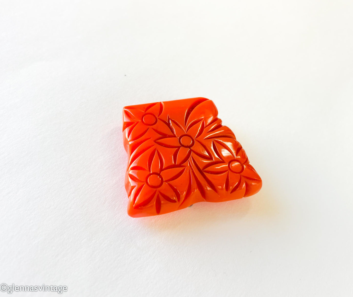 Vintage 1930s Orange Bakelite Dress Clip | Carved Floral Plastic Clip