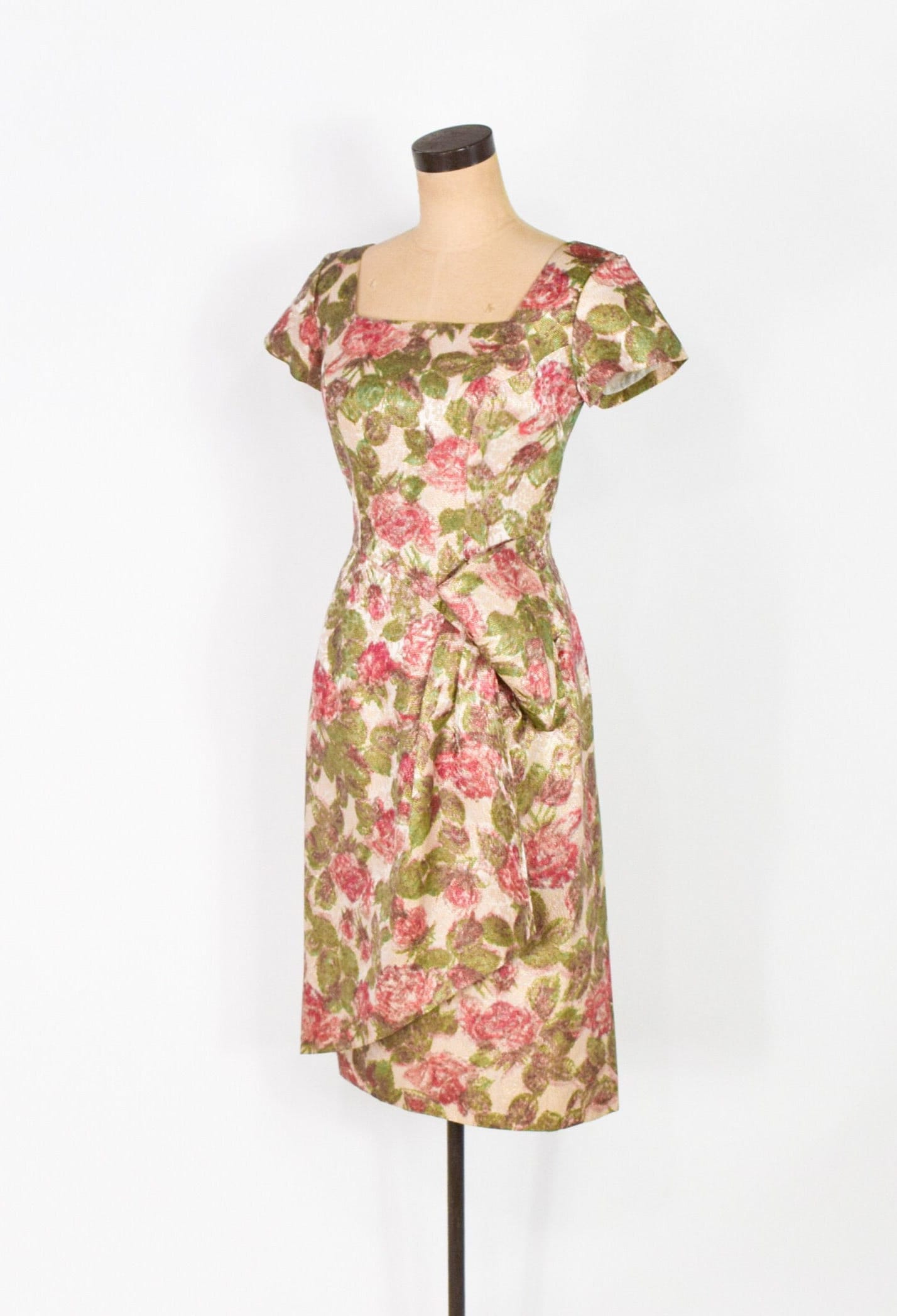 1950s Pink Green Floral Rose Print Party Dress in Brocade, Du Barry Fashion, Small