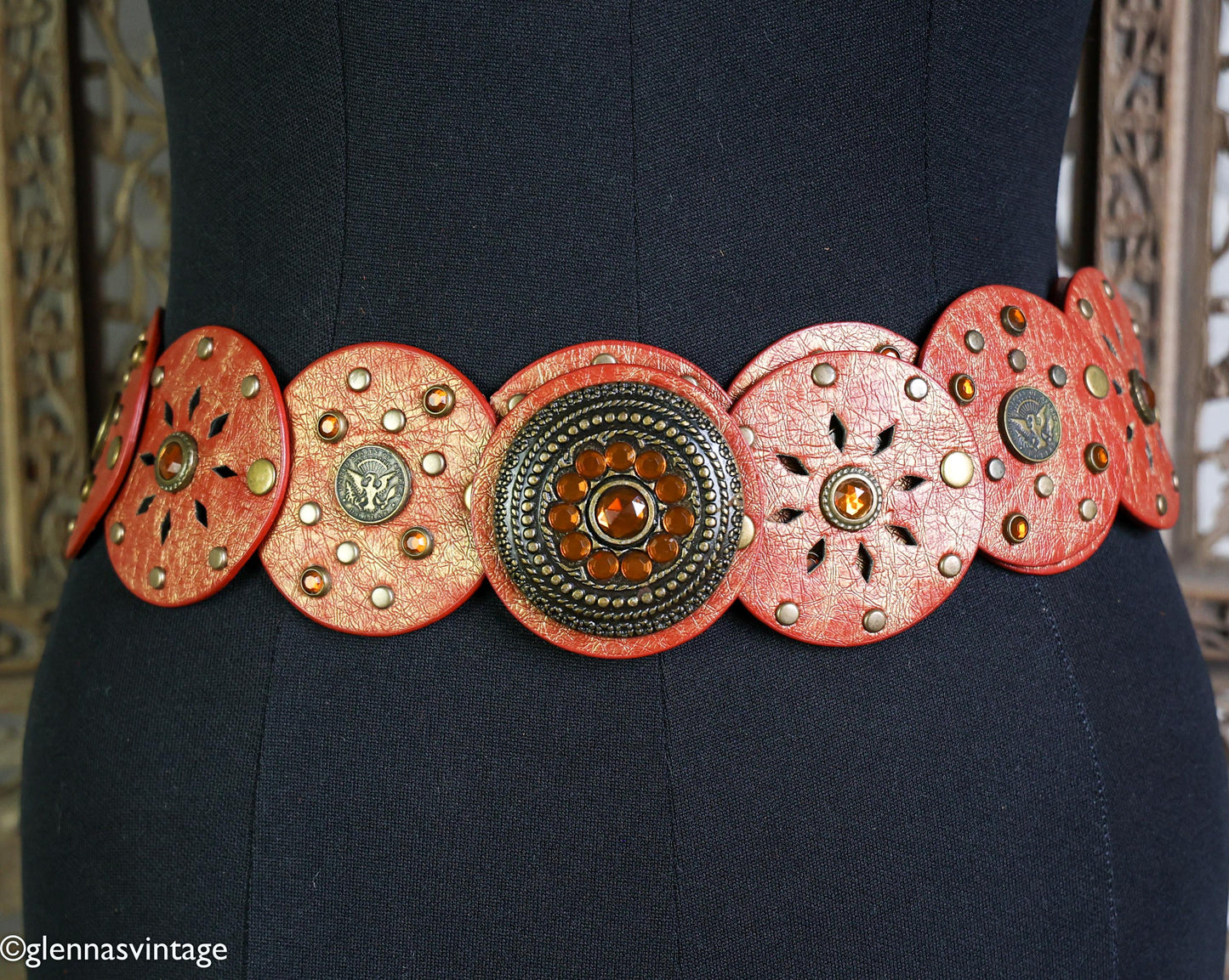 1970s Red & Brown Circles Studded Leather Belt