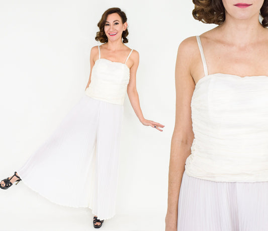 1990s Emporio Armani White Silk Chiffon Palazzo Pant Set, Medium