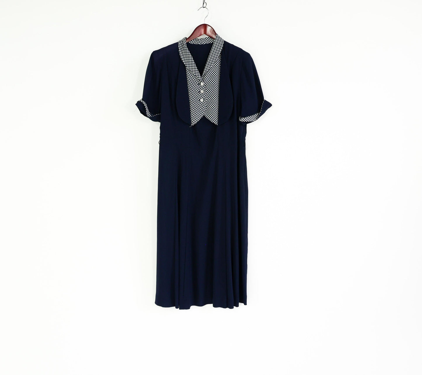 1940s Navy Rayon Crepe Dress with Polka Dot Collar, 36" Waist