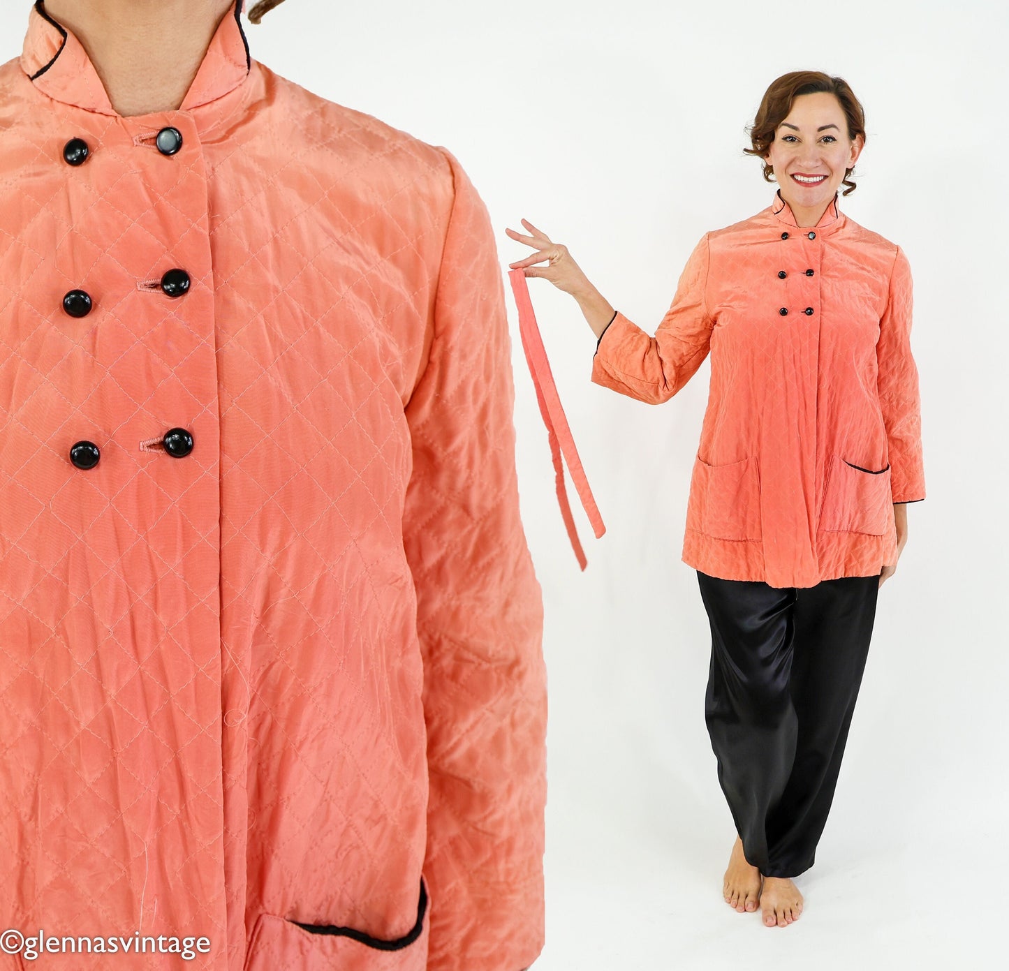 1940s Coral Quilted Pajamas Set, Peach Robe & Slacks, Medium