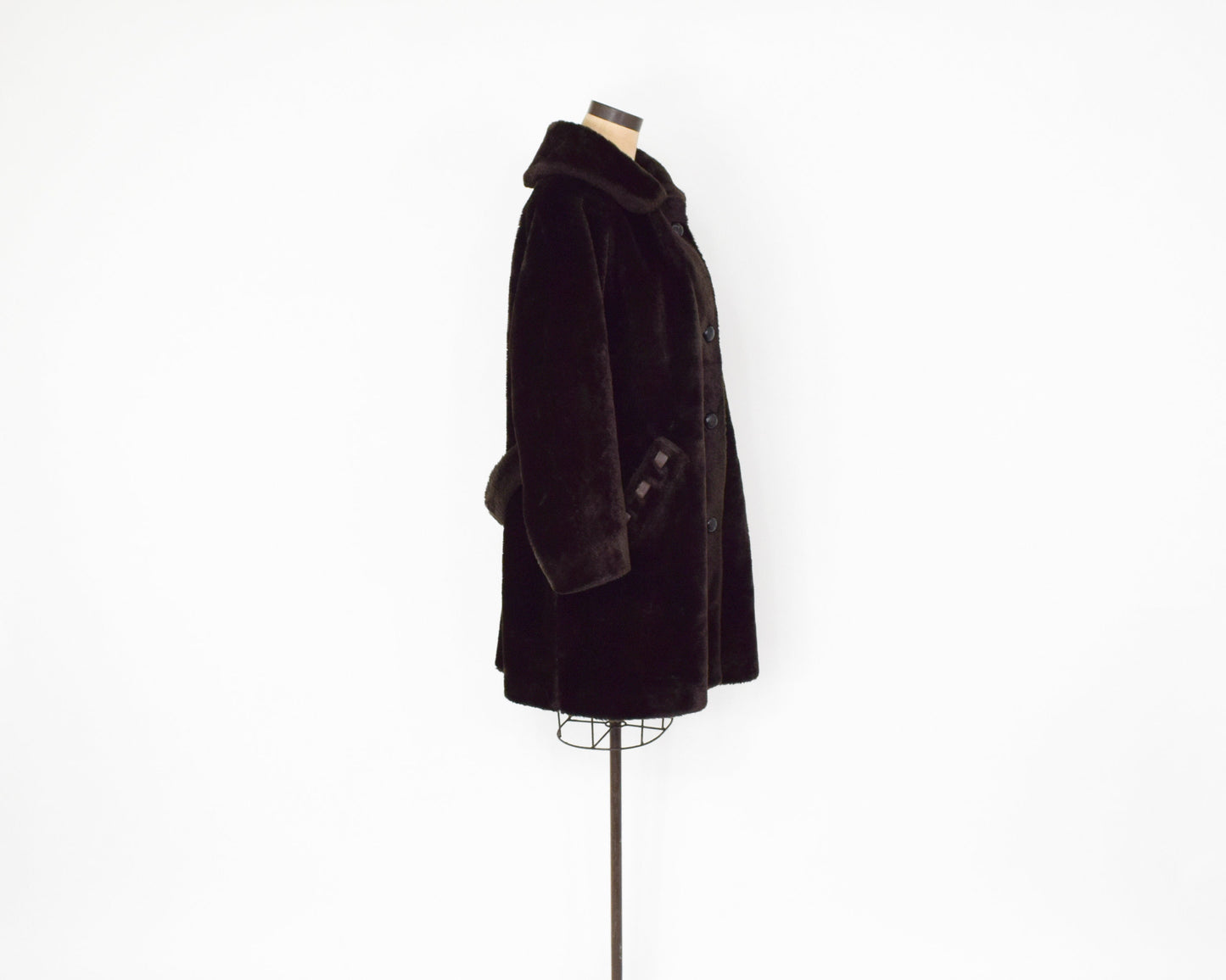 1960s Mod Dark Brown Faux Fur Coat, XXL 50" Bust