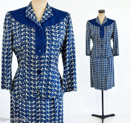 1940s Navy Blue Linen Skirt Suit Set, Medium
