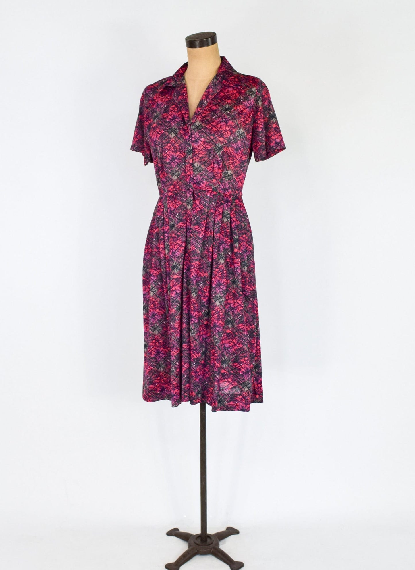 1950s Pink & Gray Atomic Print Nylon Dress, Medium