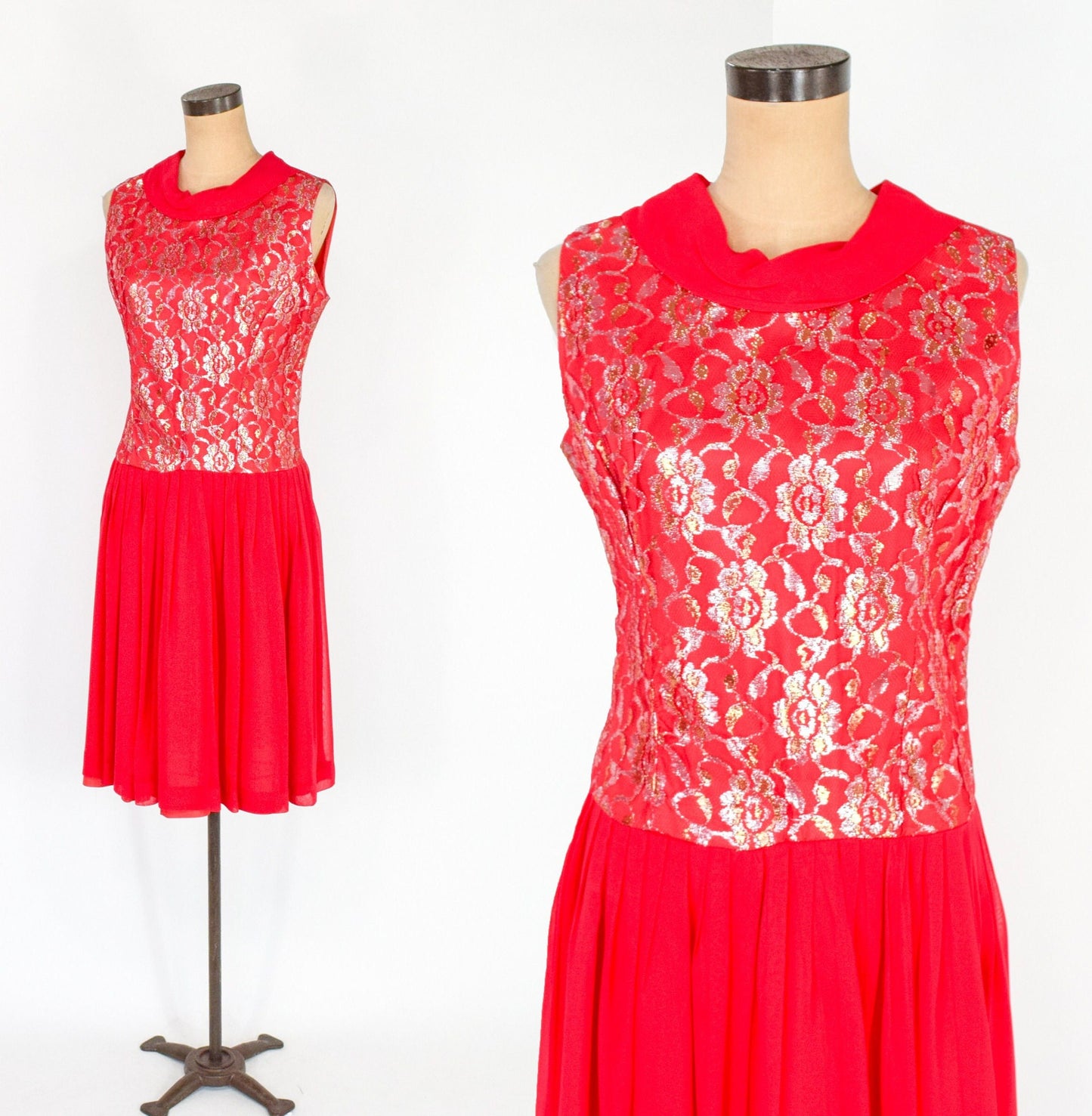 1950s Red Chiffon & Silver Lace Party Dress, Medium
