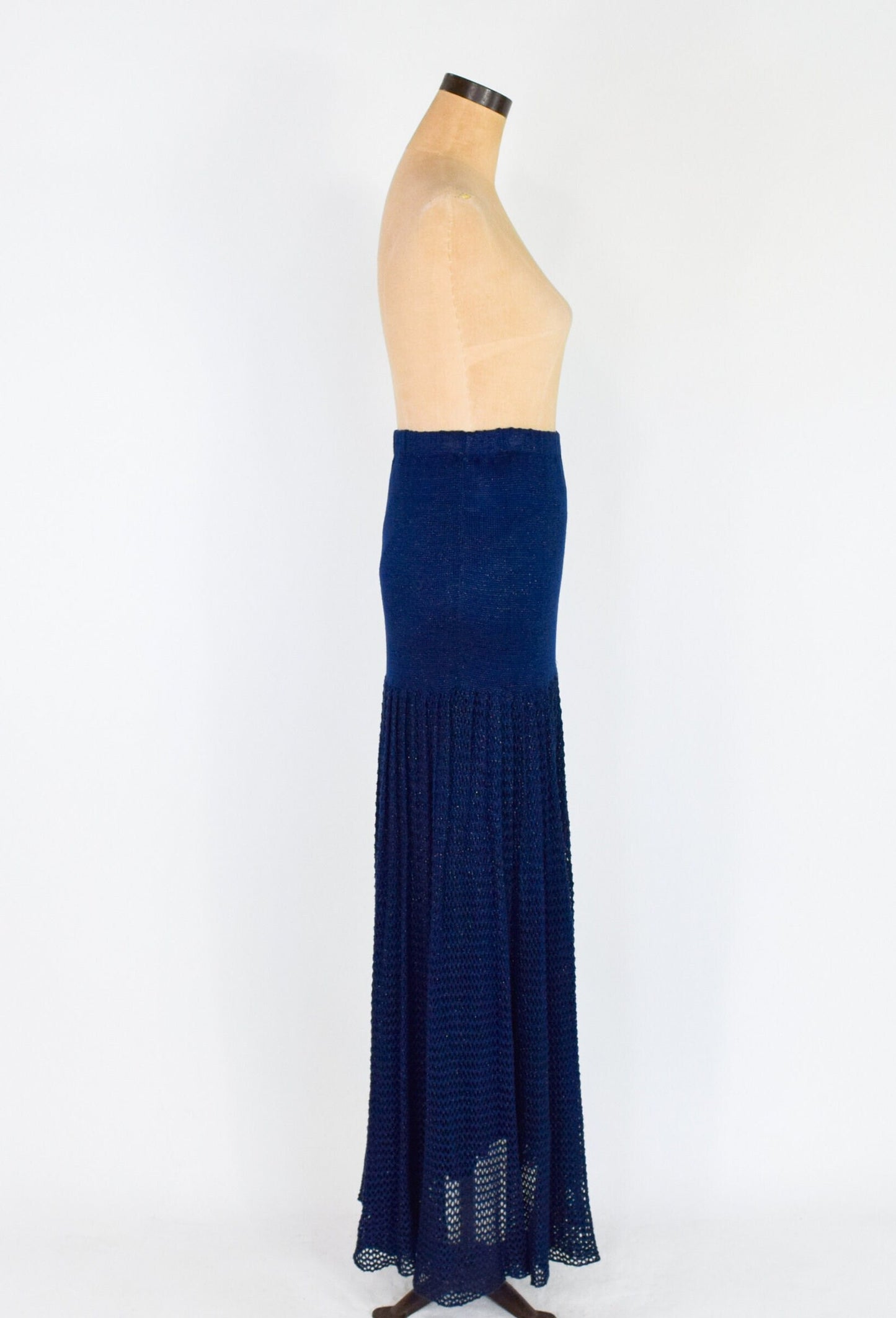 1980s Metallic Navy Knit Strapless Maxi Dress. Medium