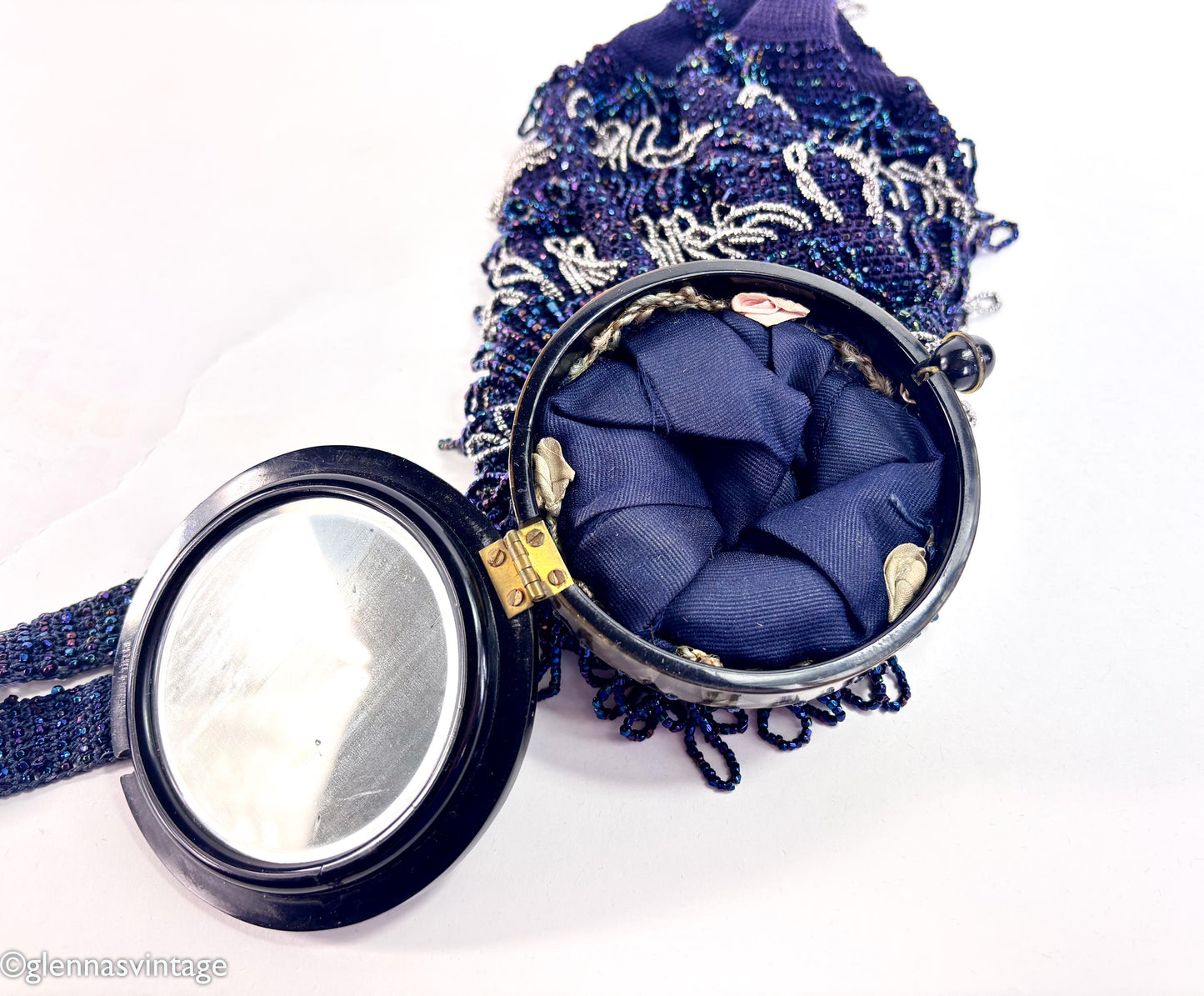 1900s Navy Beaded Pouch Evening Bag with Lucite Lid