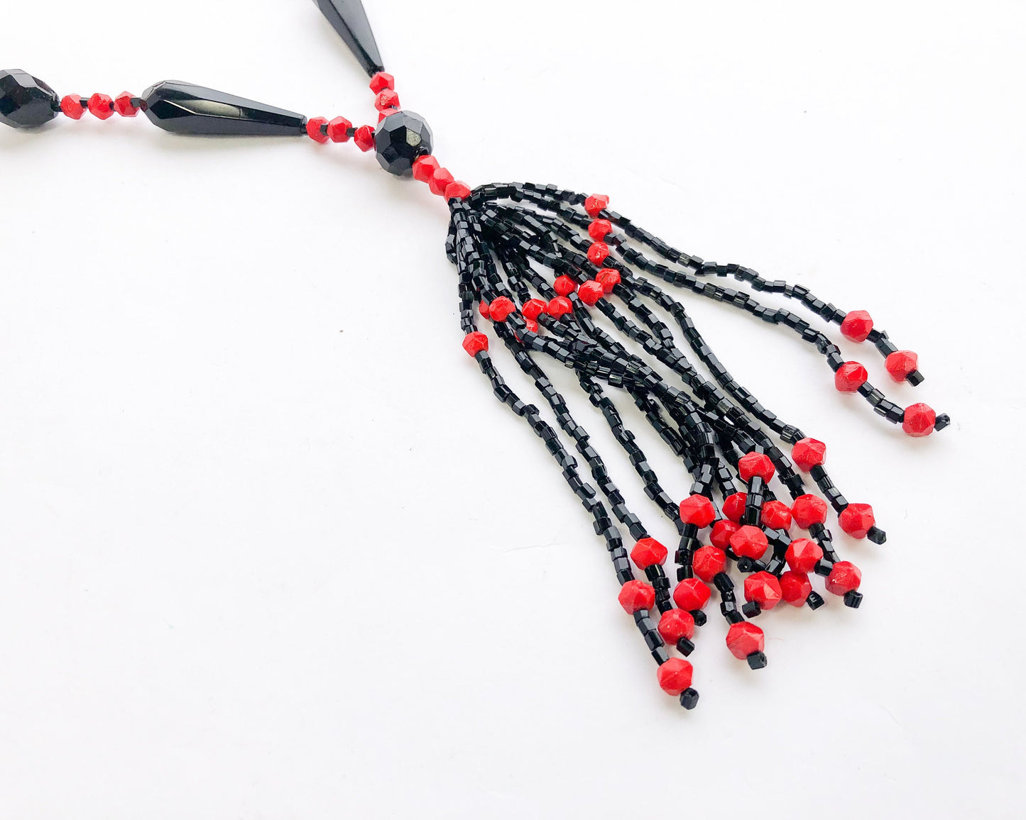 1920s Flapper Necklace | Red & Black Beaded Tassel Rope