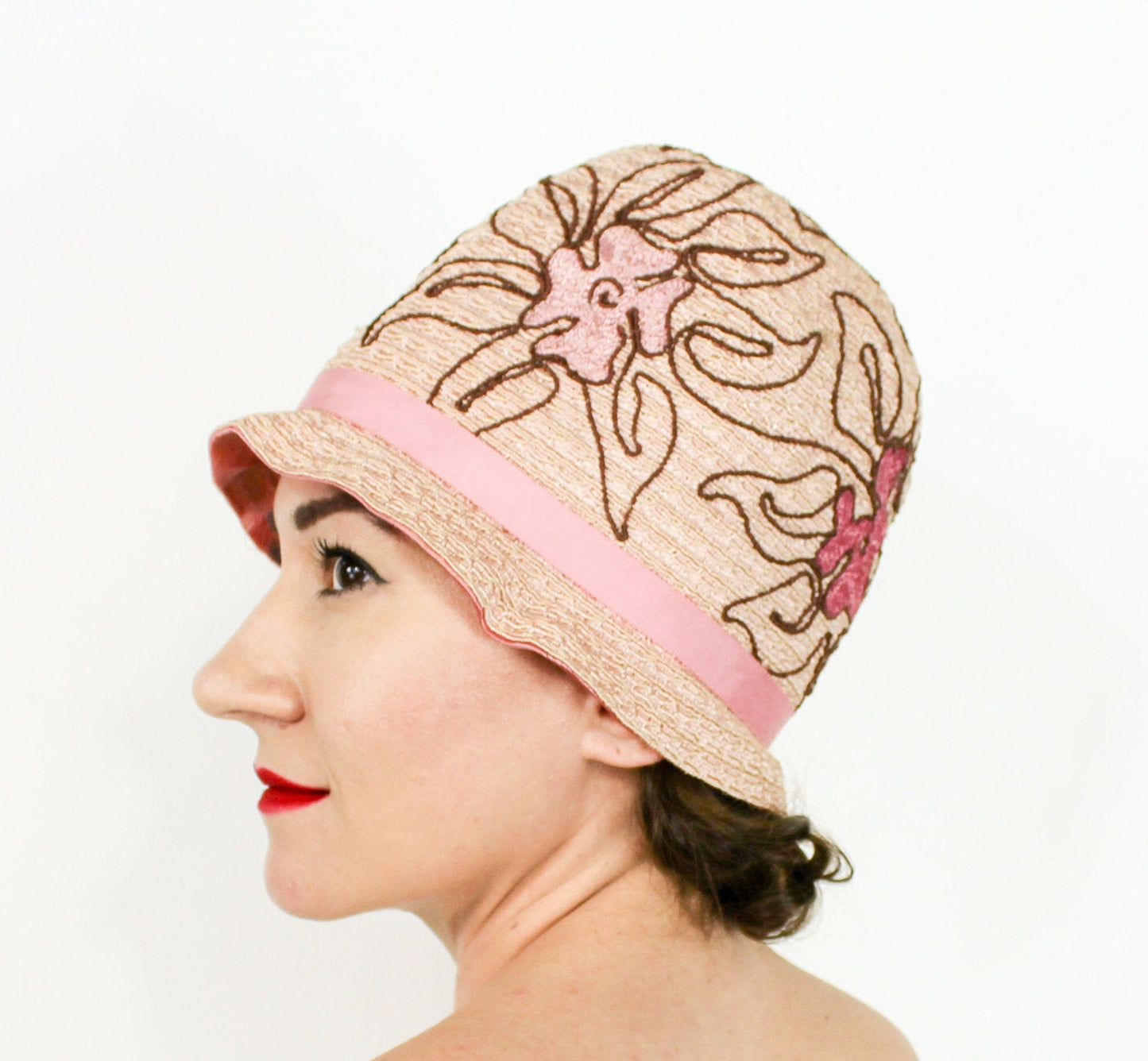 1920s Style Cloche Hat, Pink Floral Embroidered Flapper Hat, Downton Abbey Era