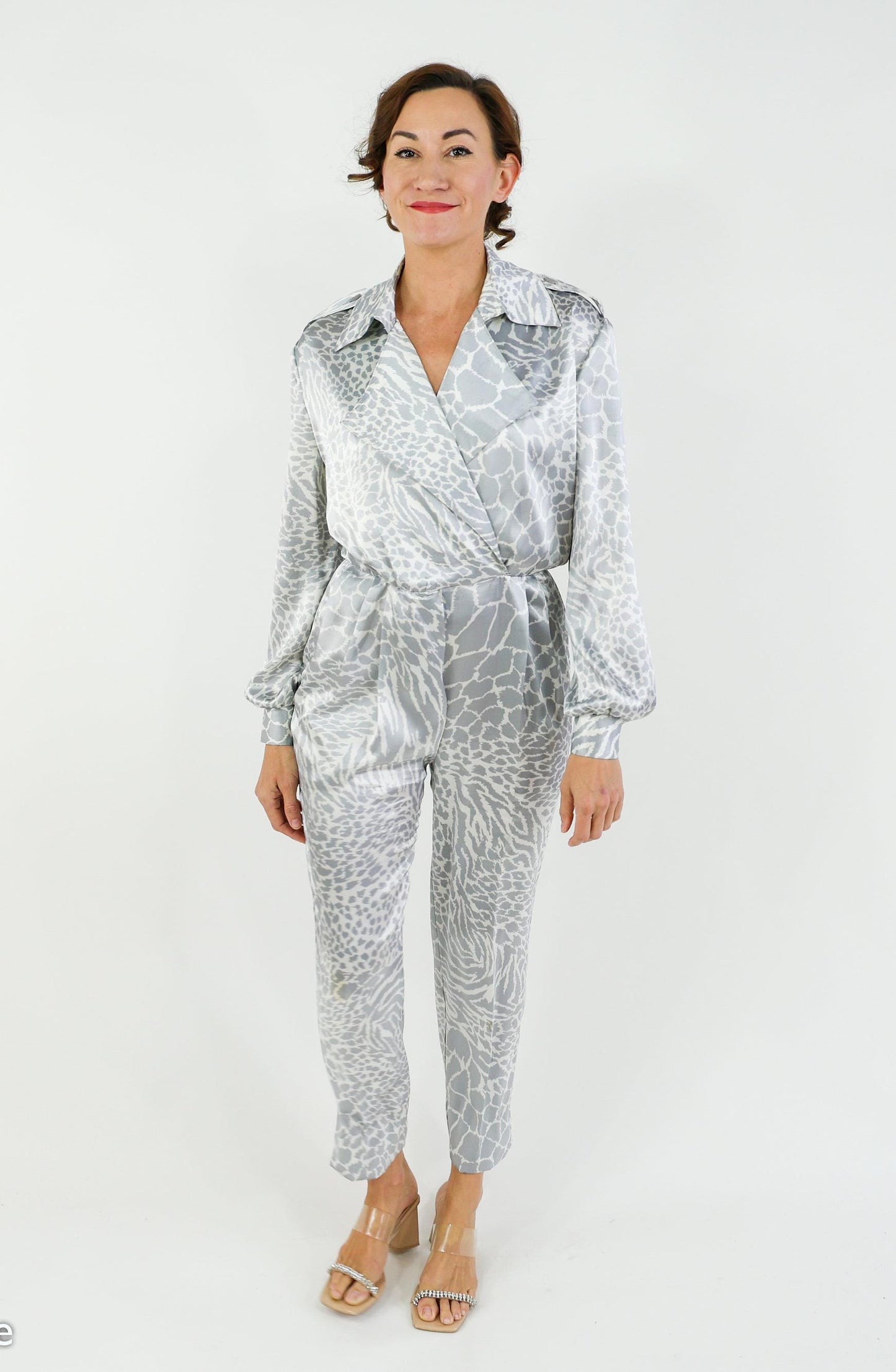 1980s Giraffe Silver Print Jumpsuit | 80s Silver Jumpsuit | Caron | Medium