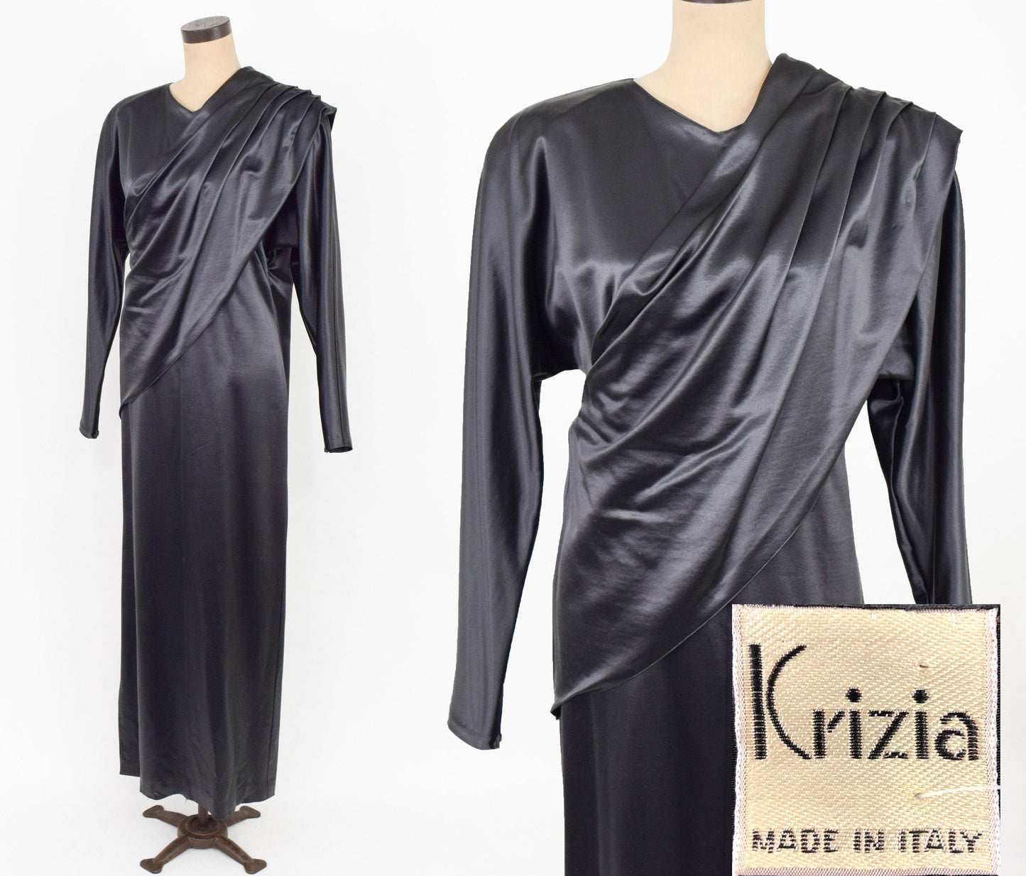1990s Krizia Charcoal Gray Satin Evening Gown, Large