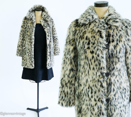 1980s Leopard Print Faux Fur Coat | 80s Beige Faux Animal Print Jacket | J. Crew | Small