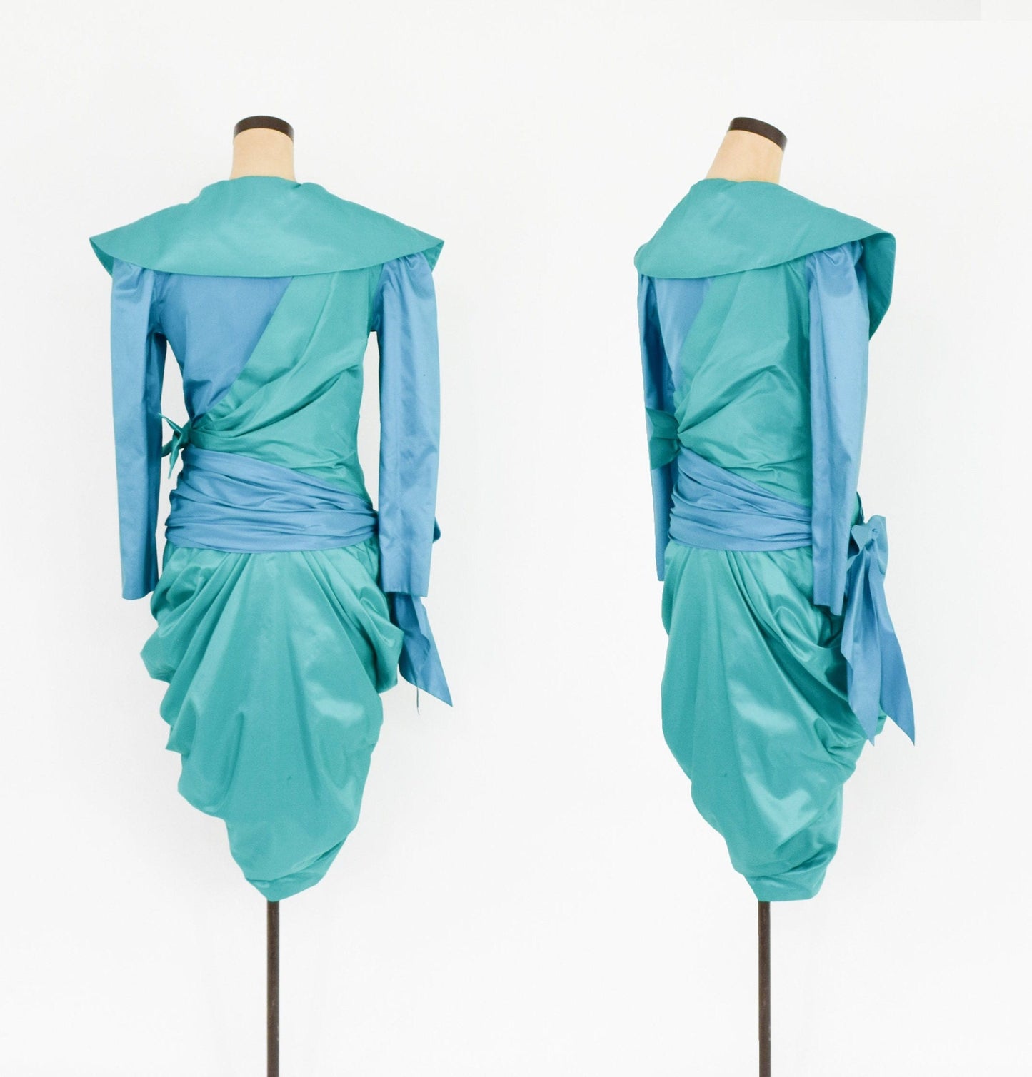 1990s Blue Silk Cocktail Dress | 90s Turquoise Blue Silk Taffeta Wrap Dress | Vera Casalino Paris | Medium