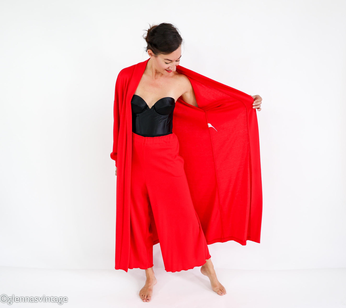1980s Red Knit Lounge Set, Duster & Pants, Extra Large