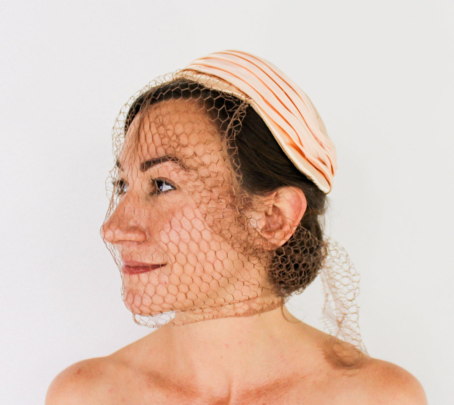 1950s Peach Satin Veil Hat, Bridal Hat