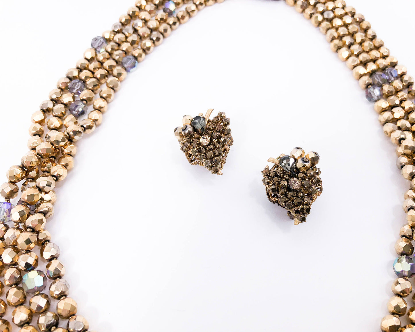 Eugene | 1950s Bronze Crystal Necklace & Earrings Set | 50s Bronze Crystal Evening Jewelry Set | Gold Crystal Necklace Set | Eugene