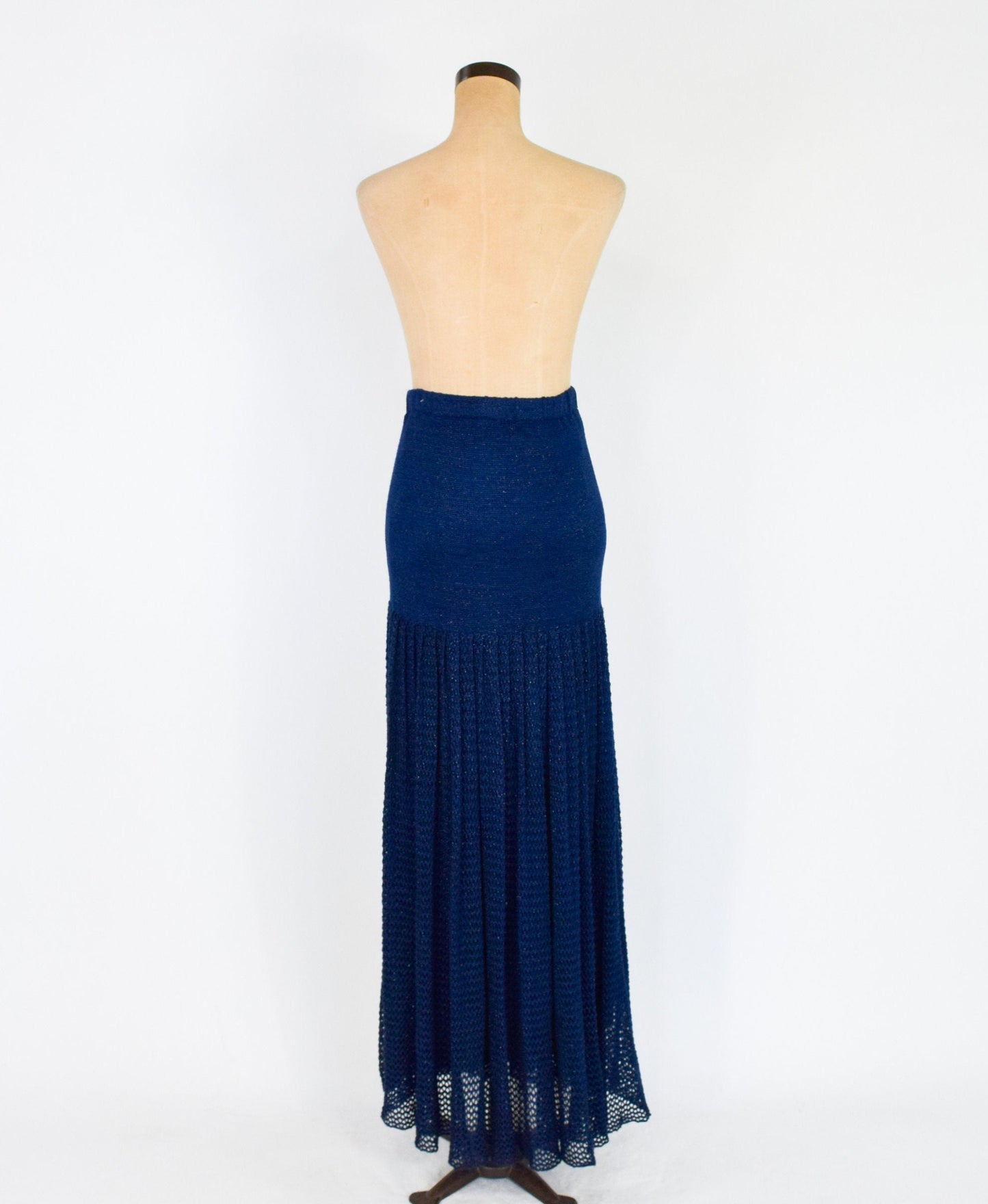 1980s Metallic Navy Knit Strapless Maxi Dress. Medium