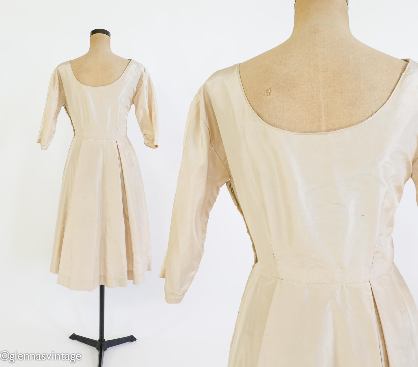 1940s Beige Silk Taffeta Party Dress with Sequins & Pearl, Medium