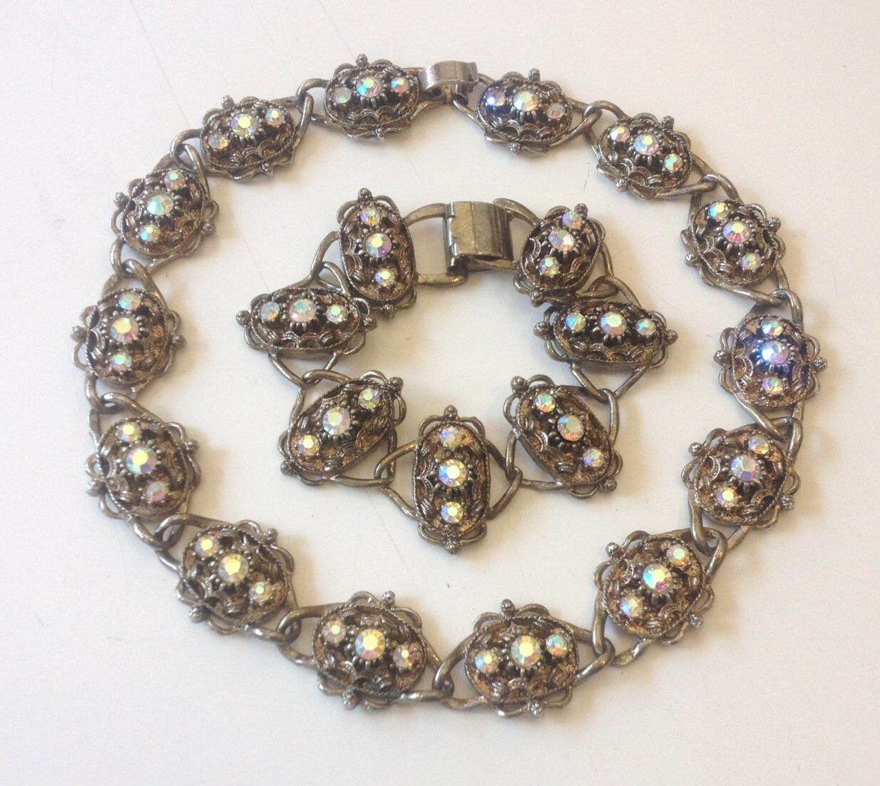 1950s Rhinestone Necklace Bracelet Set | Bronze Tone Baroque Jewelry