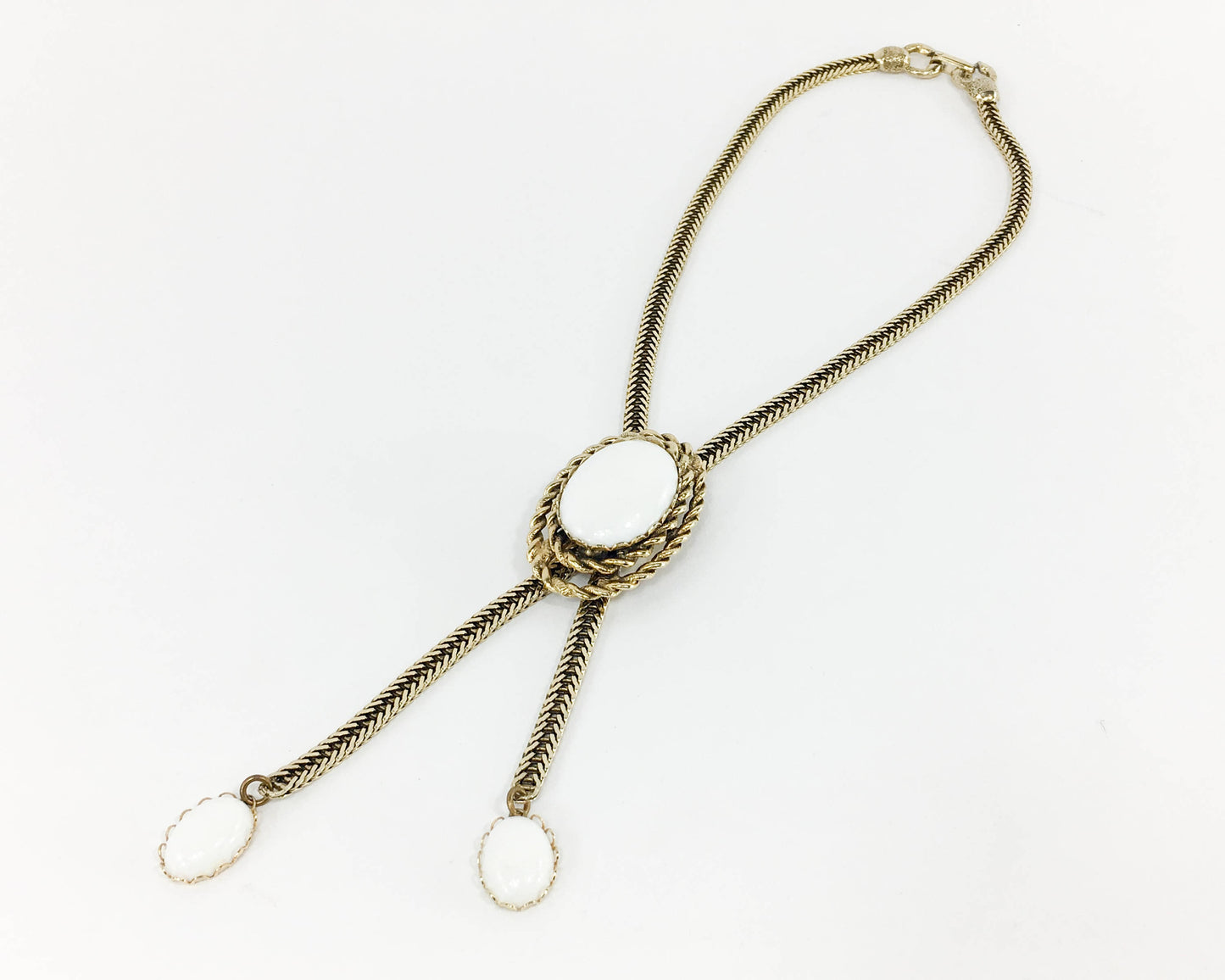 1960s Gold Lariat Necklace | White & Gold Metal Slide