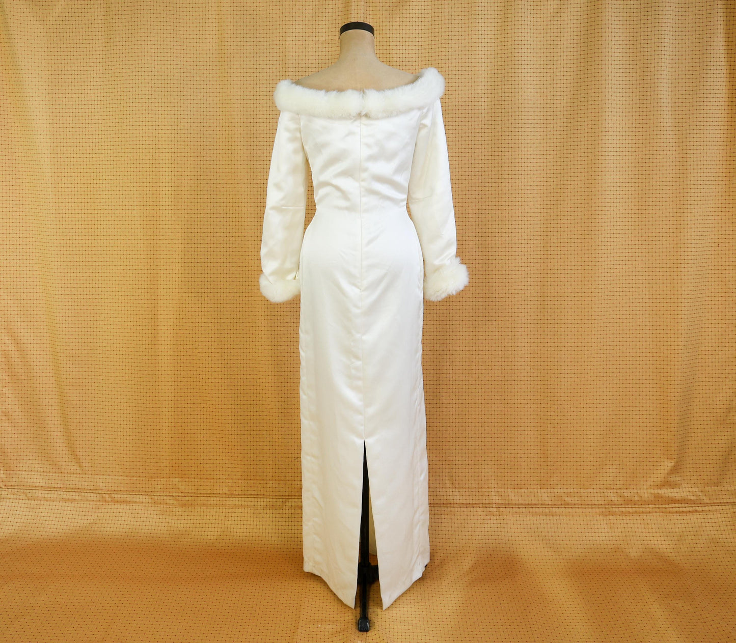 1980s Satin Wedding Dress with Faux Fur Trim, Large