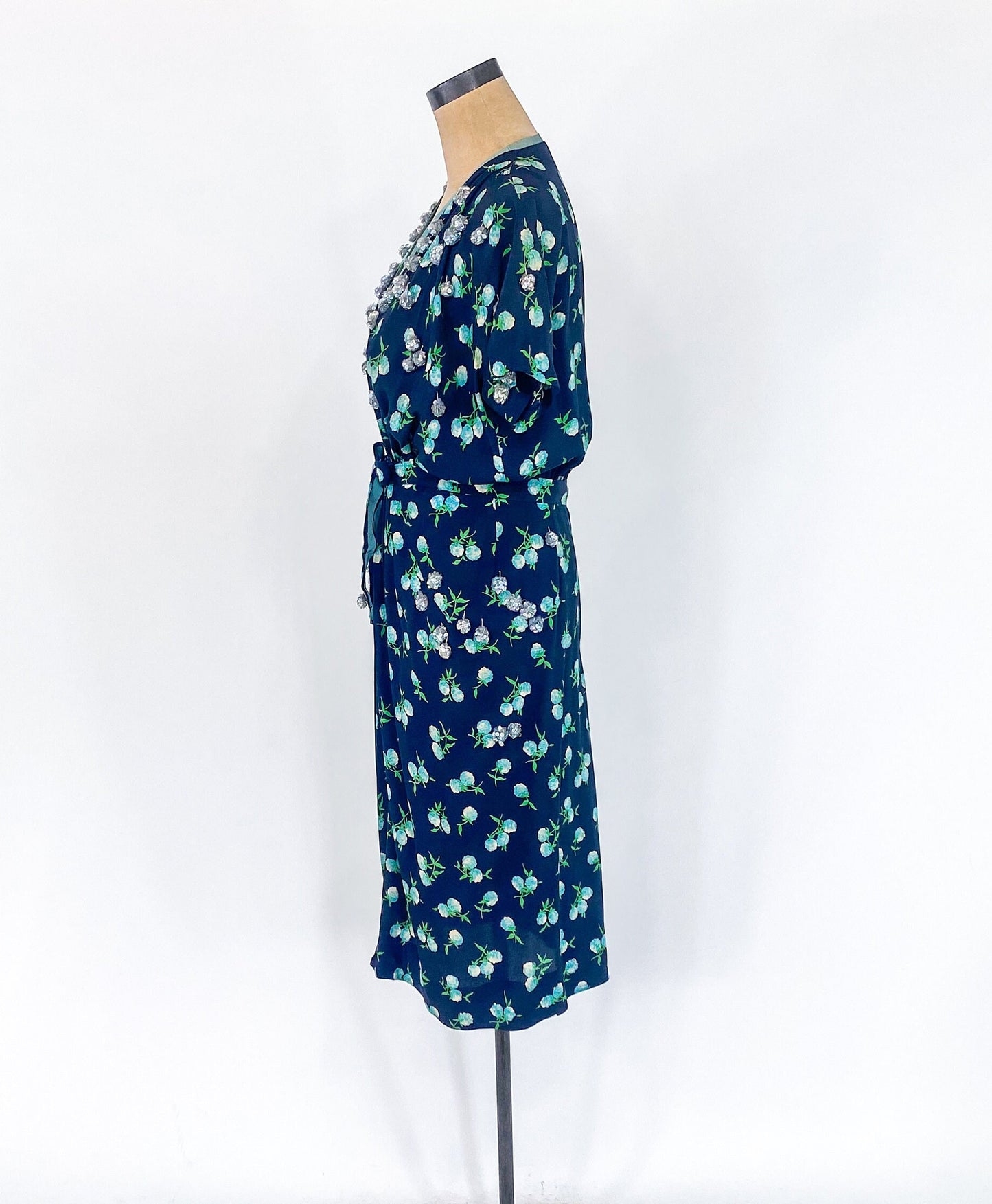 1940s Navy Blue Floral Sequin Dress, Large
